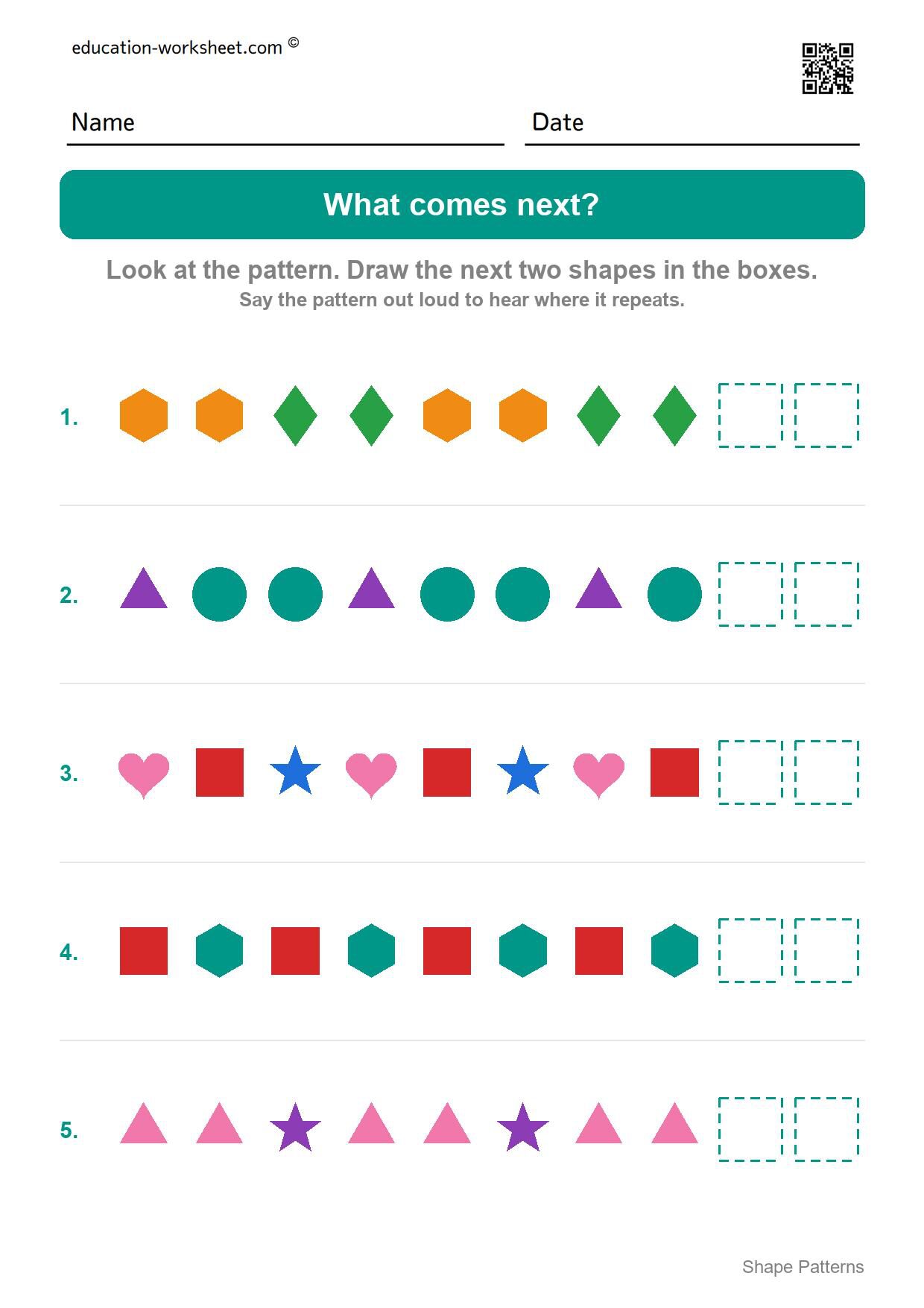Draw what comes next (Set 9) - Free Shape Pattern Worksheets for Kindergarten - Draw AB, ABB and ABC Patterns