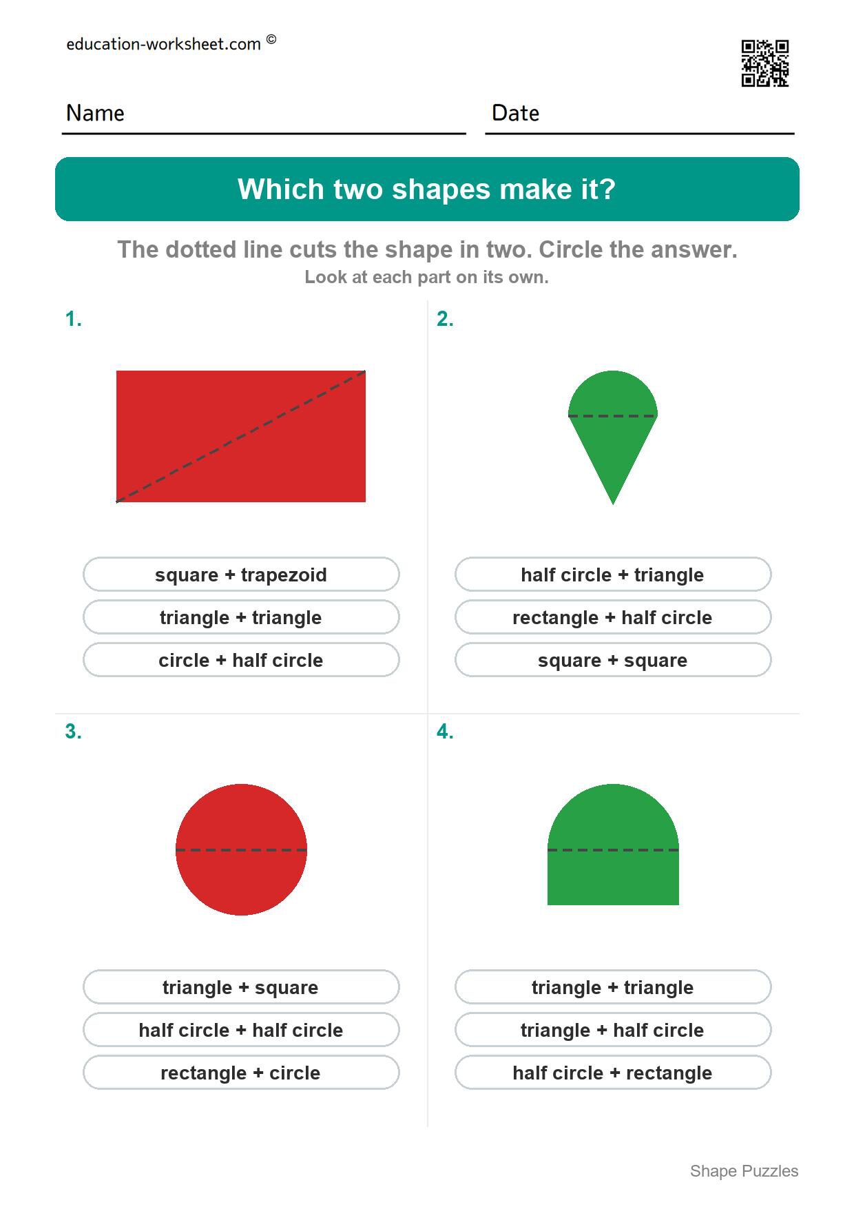 Which two shapes make it (Set 1) - Free Shape Puzzles for Kindergarten - Which Two Shapes Make It
