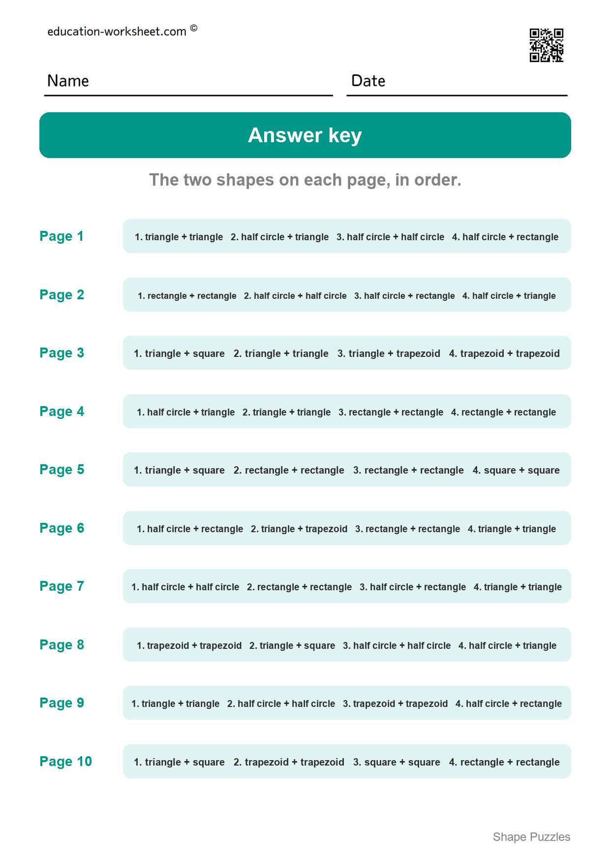 Answer key - all 10 pages - Free Shape Puzzles for Kindergarten - Which Two Shapes Make It