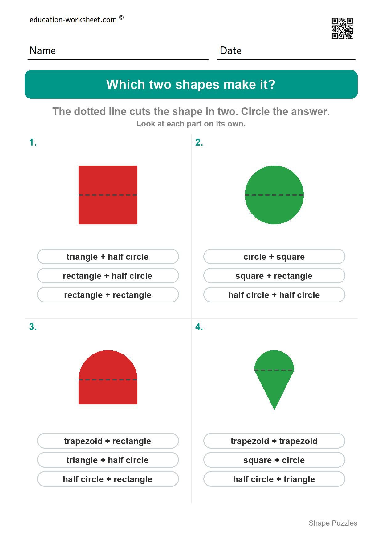 Which two shapes make it (Set 2) - Free Shape Puzzles for Kindergarten - Which Two Shapes Make It