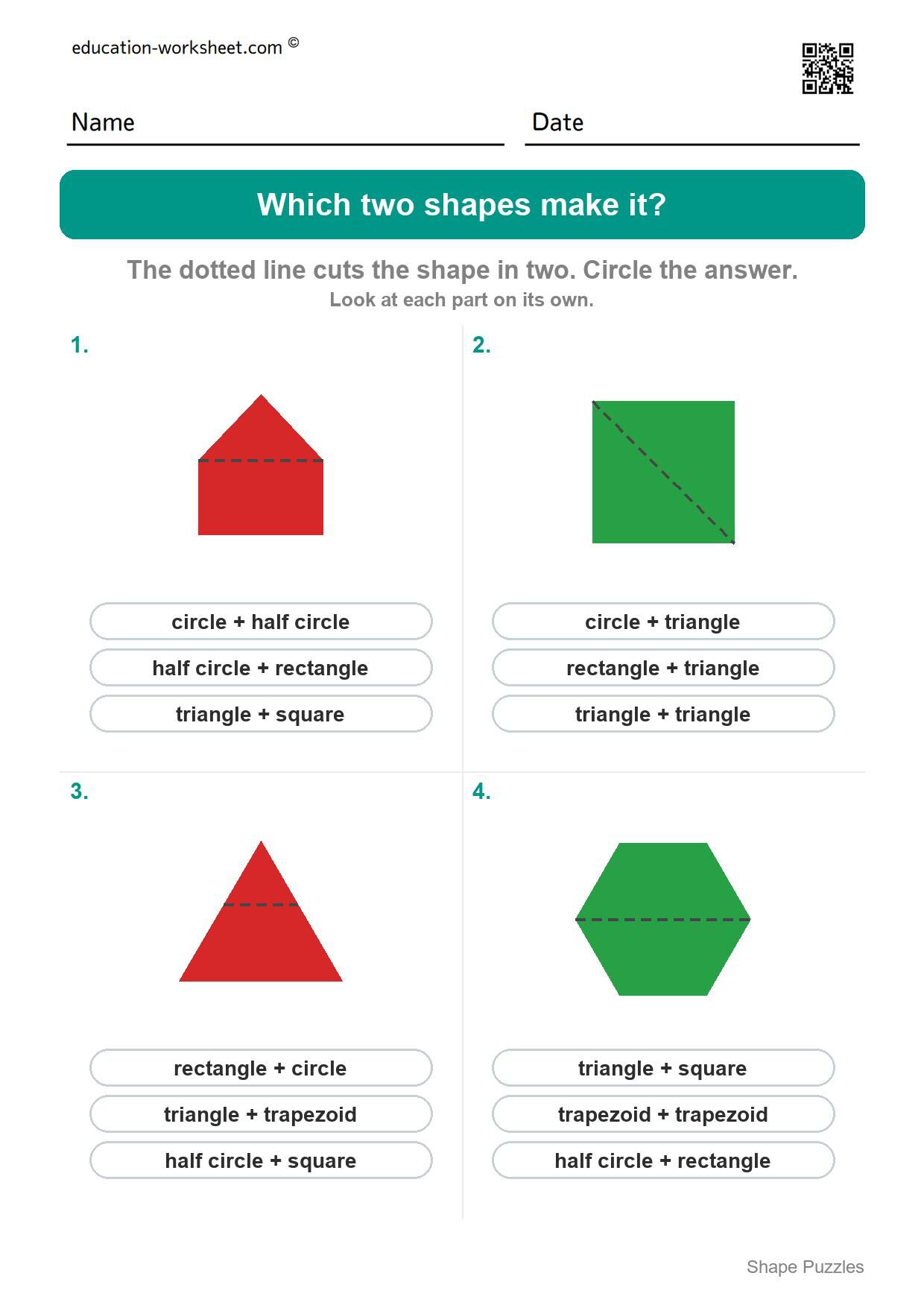 Which two shapes make it (Set 3) - Free Shape Puzzles for Kindergarten - Which Two Shapes Make It