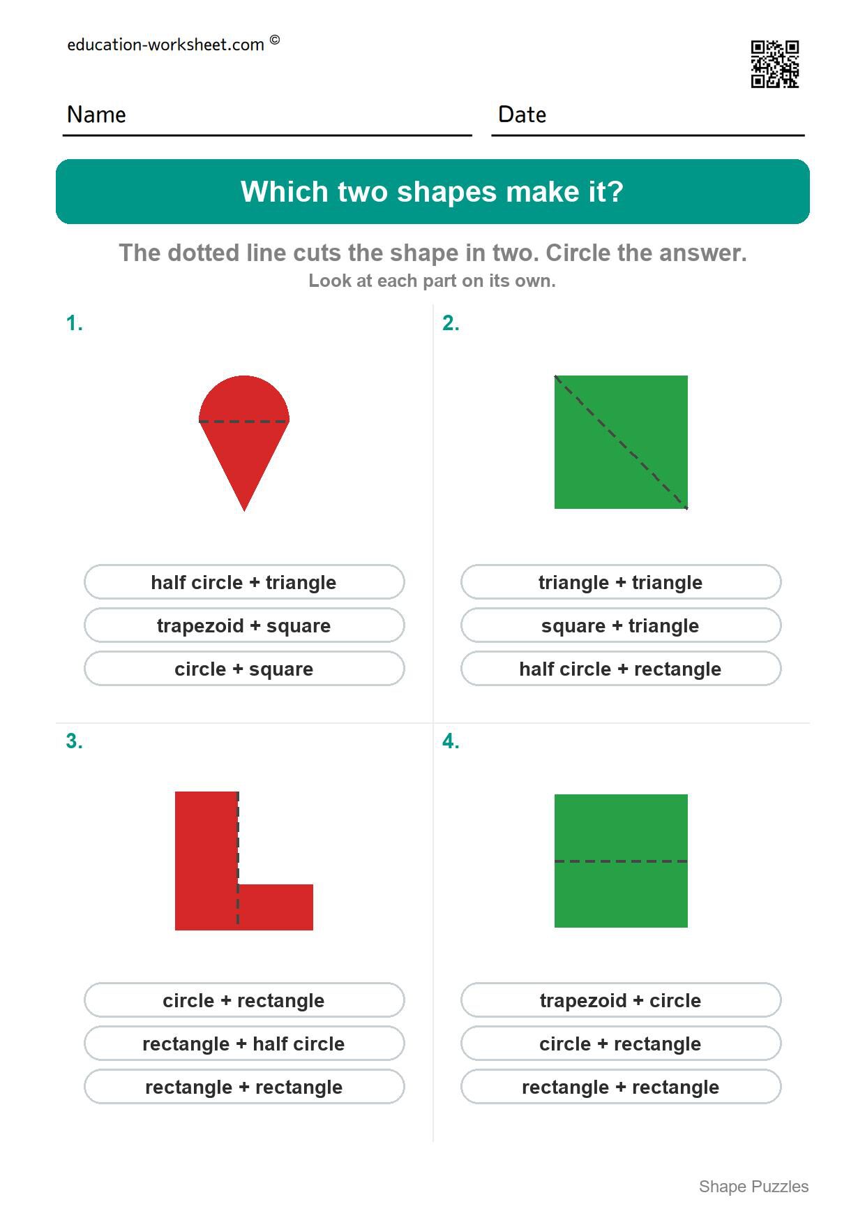 Which two shapes make it (Set 4) - Free Shape Puzzles for Kindergarten - Which Two Shapes Make It