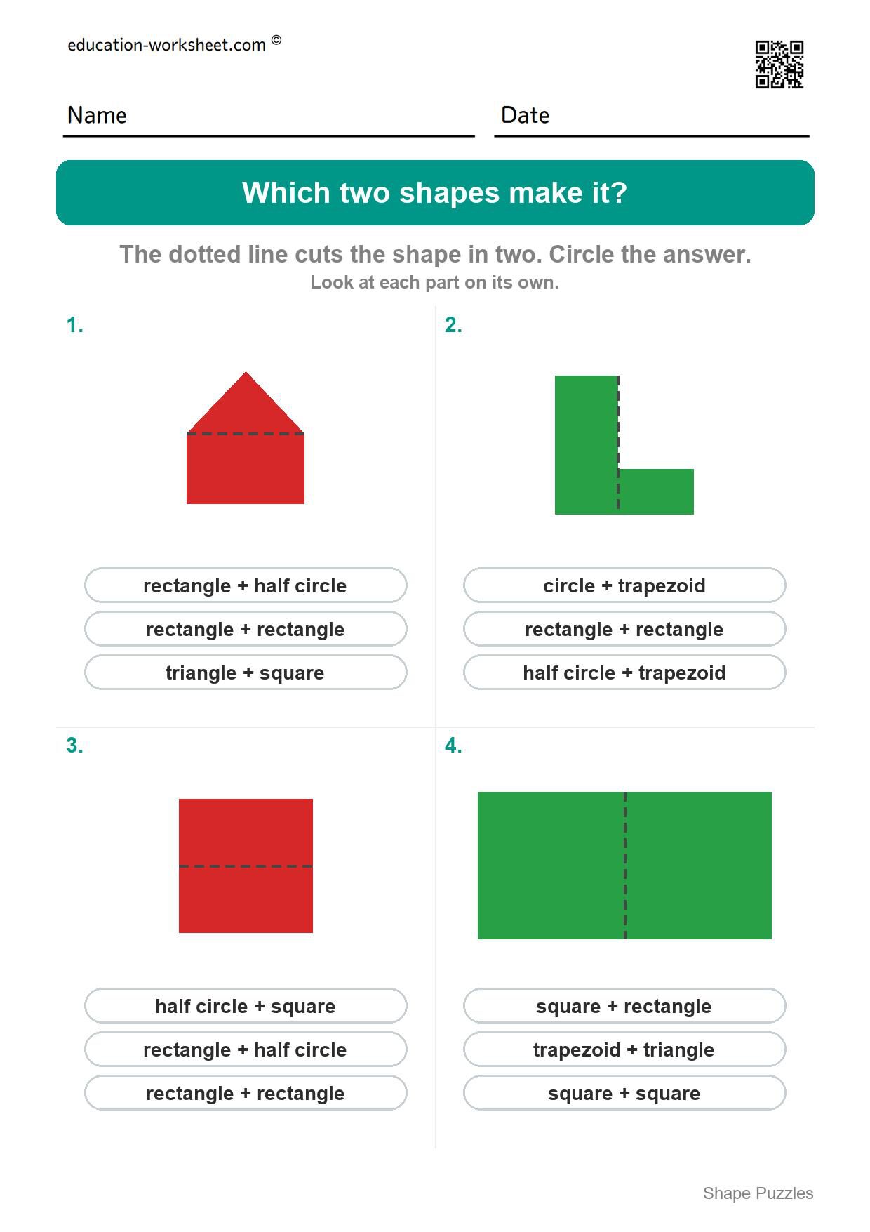 Which two shapes make it (Set 5) - Free Shape Puzzles for Kindergarten - Which Two Shapes Make It