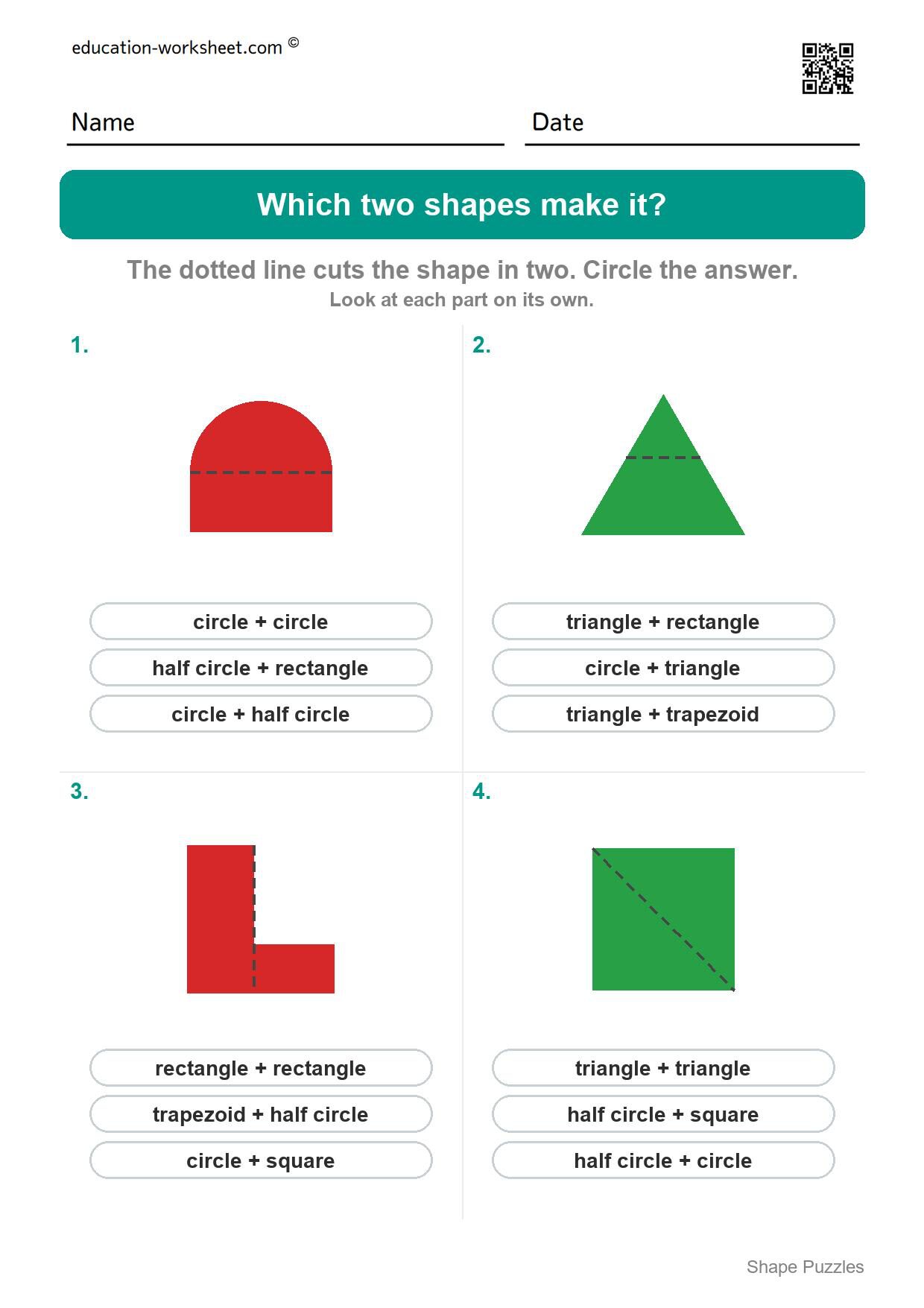 Which two shapes make it (Set 6) - Free Shape Puzzles for Kindergarten - Which Two Shapes Make It