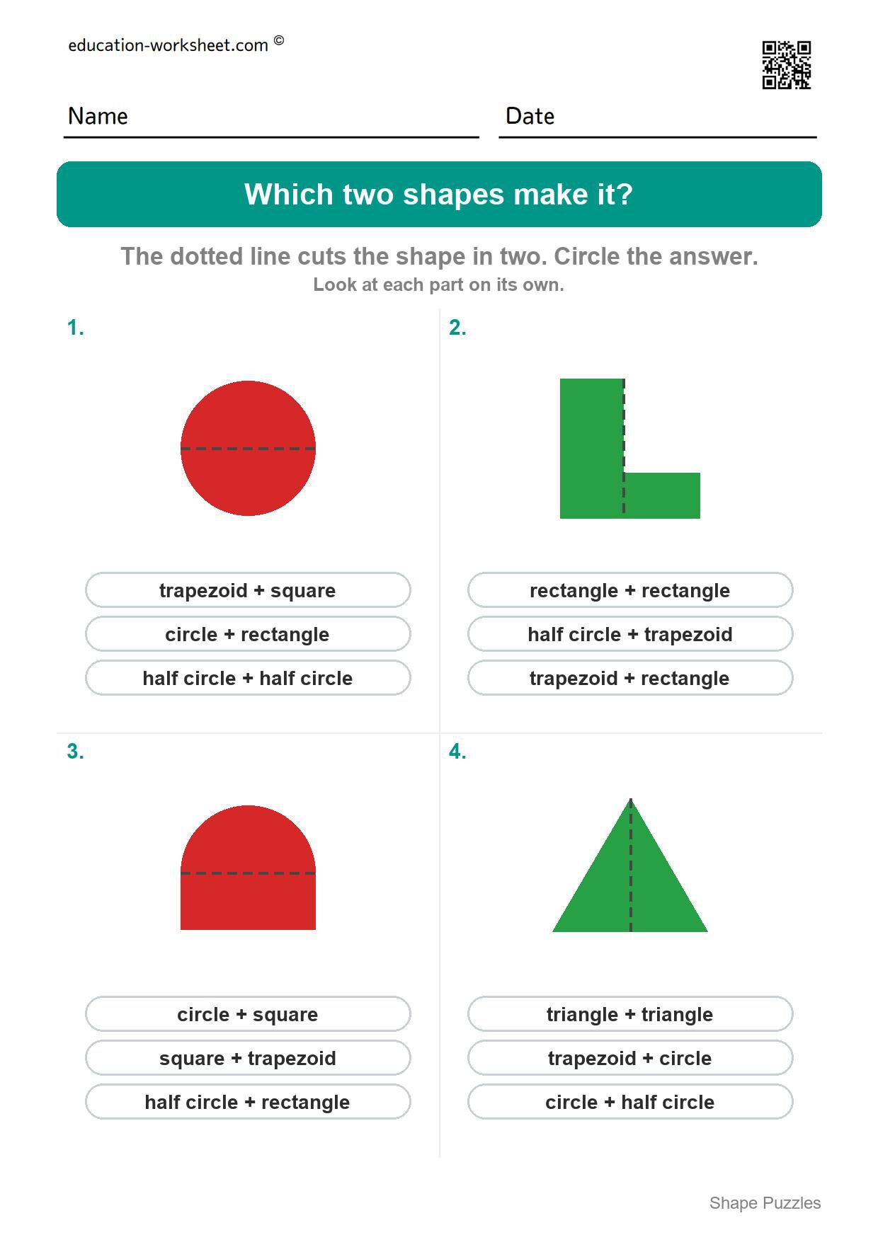 Which two shapes make it (Set 7) - Free Shape Puzzles for Kindergarten - Which Two Shapes Make It