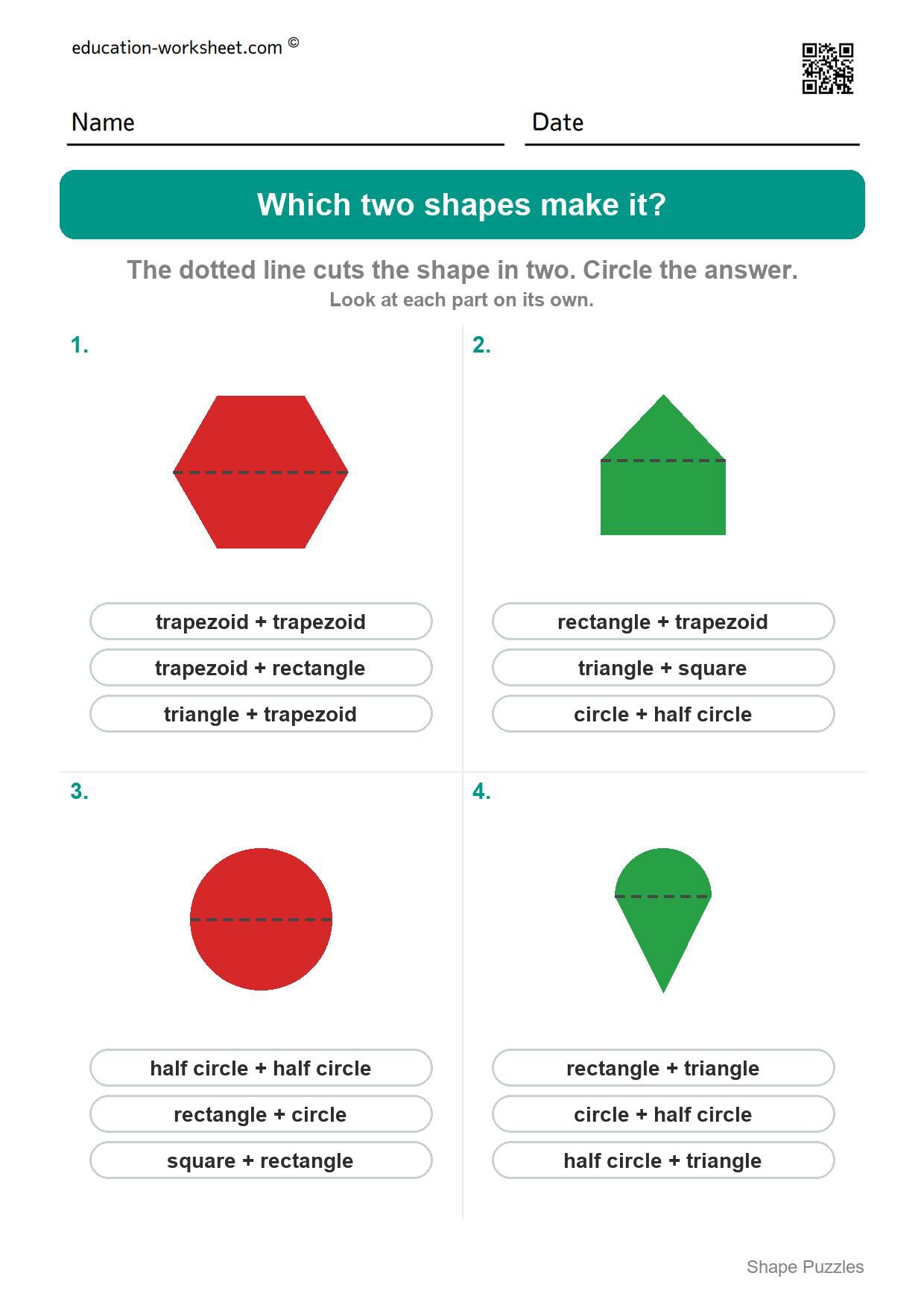 Which two shapes make it (Set 8) - Free Shape Puzzles for Kindergarten - Which Two Shapes Make It