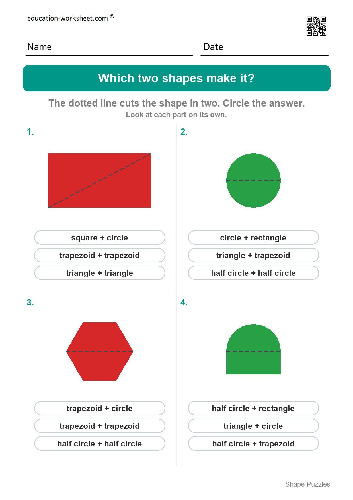 Which two shapes make it (Set 9) - Free Shape Puzzles for Kindergarten - Which Two Shapes Make It