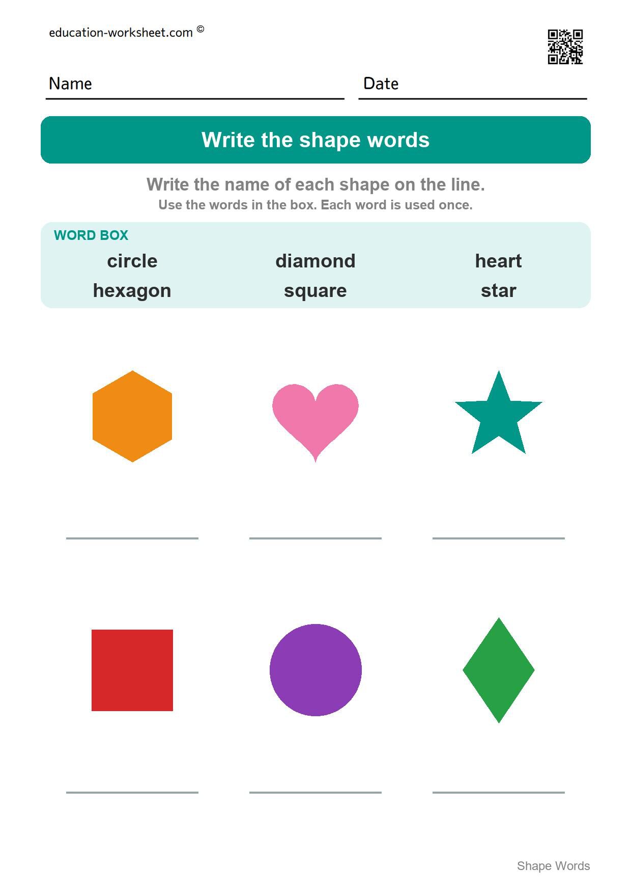 Write the shape words (Set 1) - Free Shape Words Worksheets for Kindergarten - Read and Write Shape Names