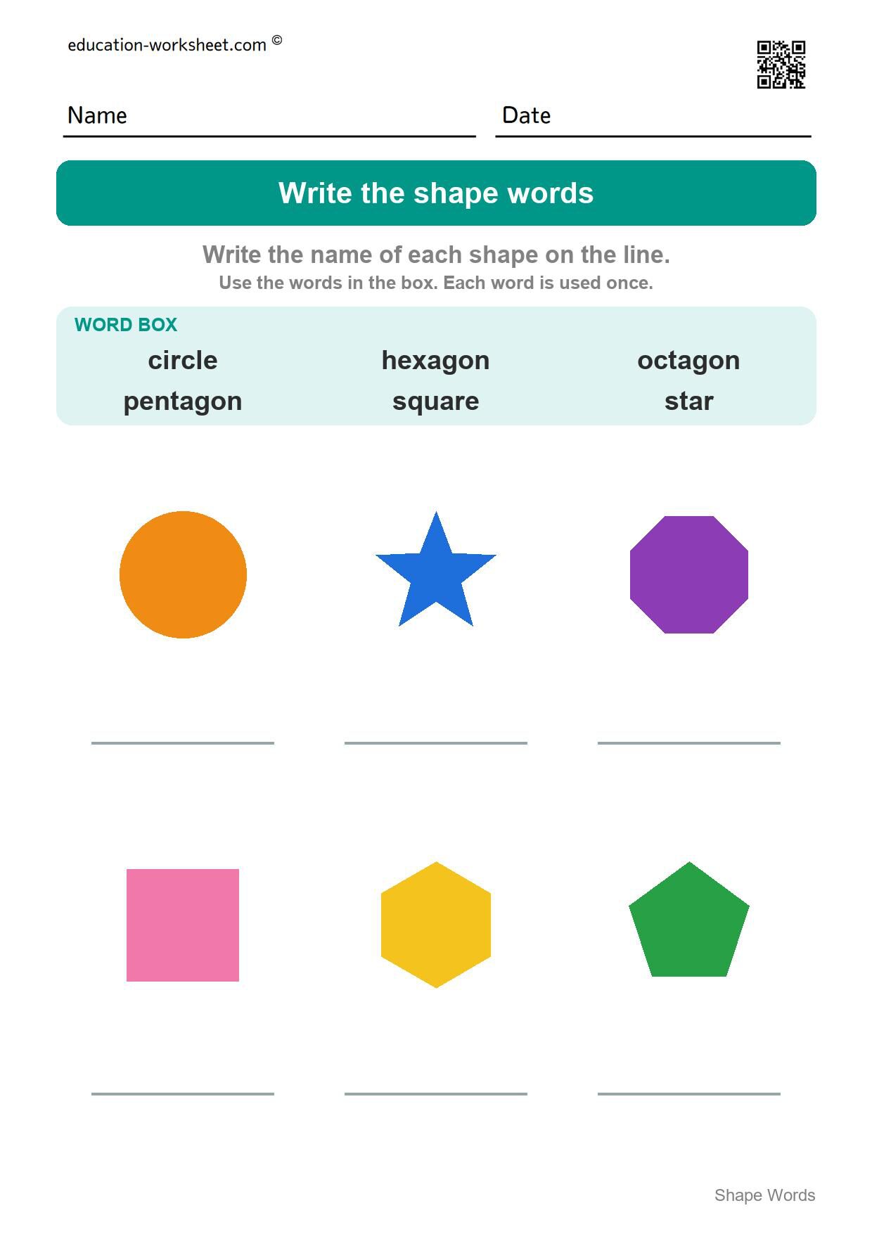 Write the shape words (Set 10) - Free Shape Words Worksheets for Kindergarten - Read and Write Shape Names