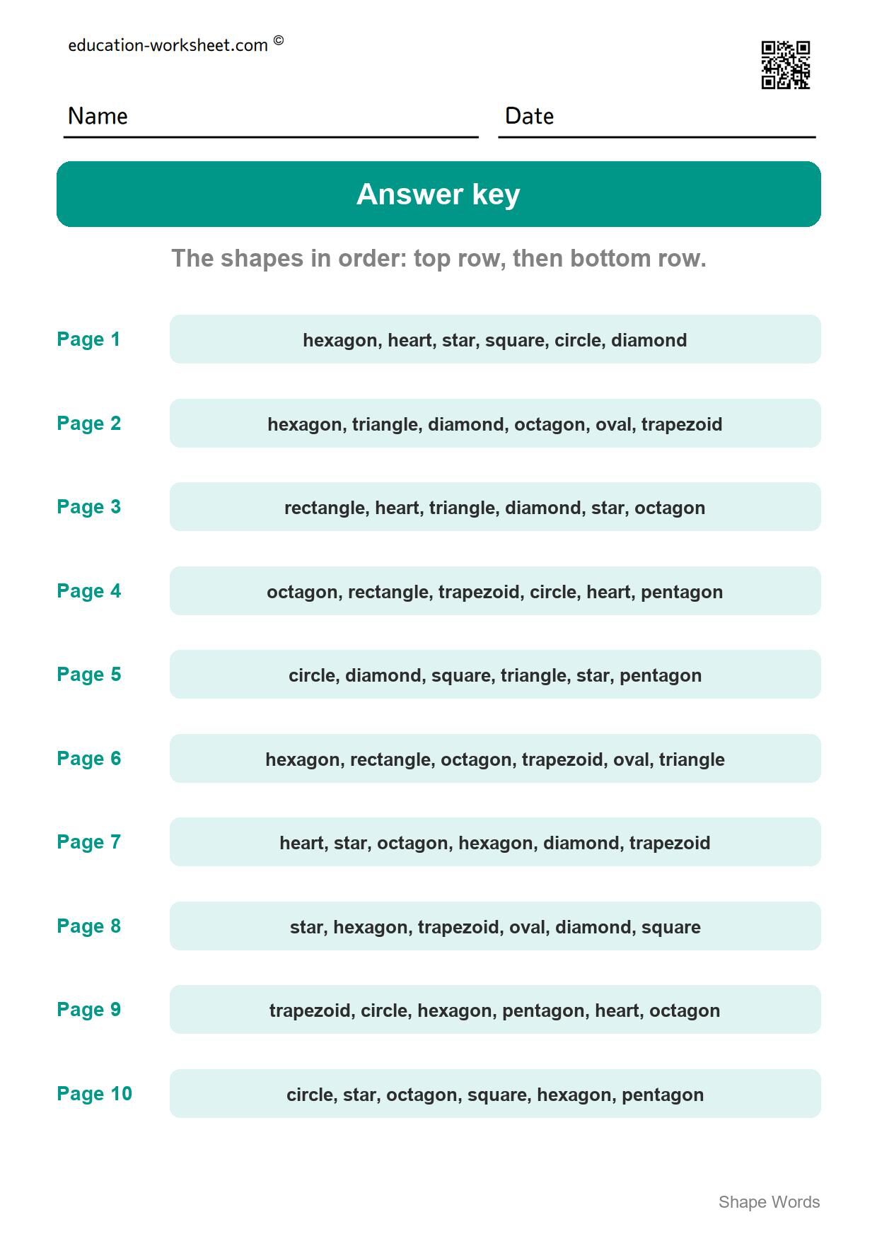 Answer key - all 10 pages - Free Shape Words Worksheets for Kindergarten - Read and Write Shape Names