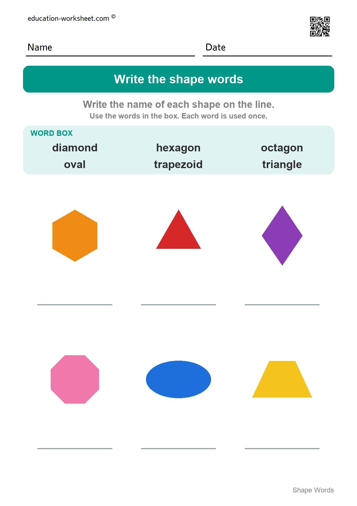 Write the shape words (Set 2) - Free Shape Words Worksheets for Kindergarten - Read and Write Shape Names