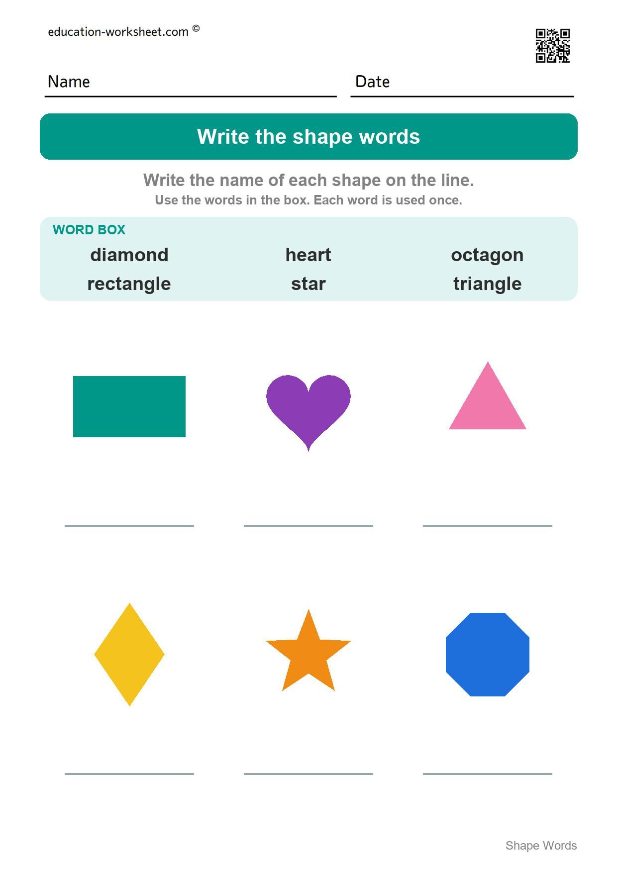 Write the shape words (Set 3) - Free Shape Words Worksheets for Kindergarten - Read and Write Shape Names