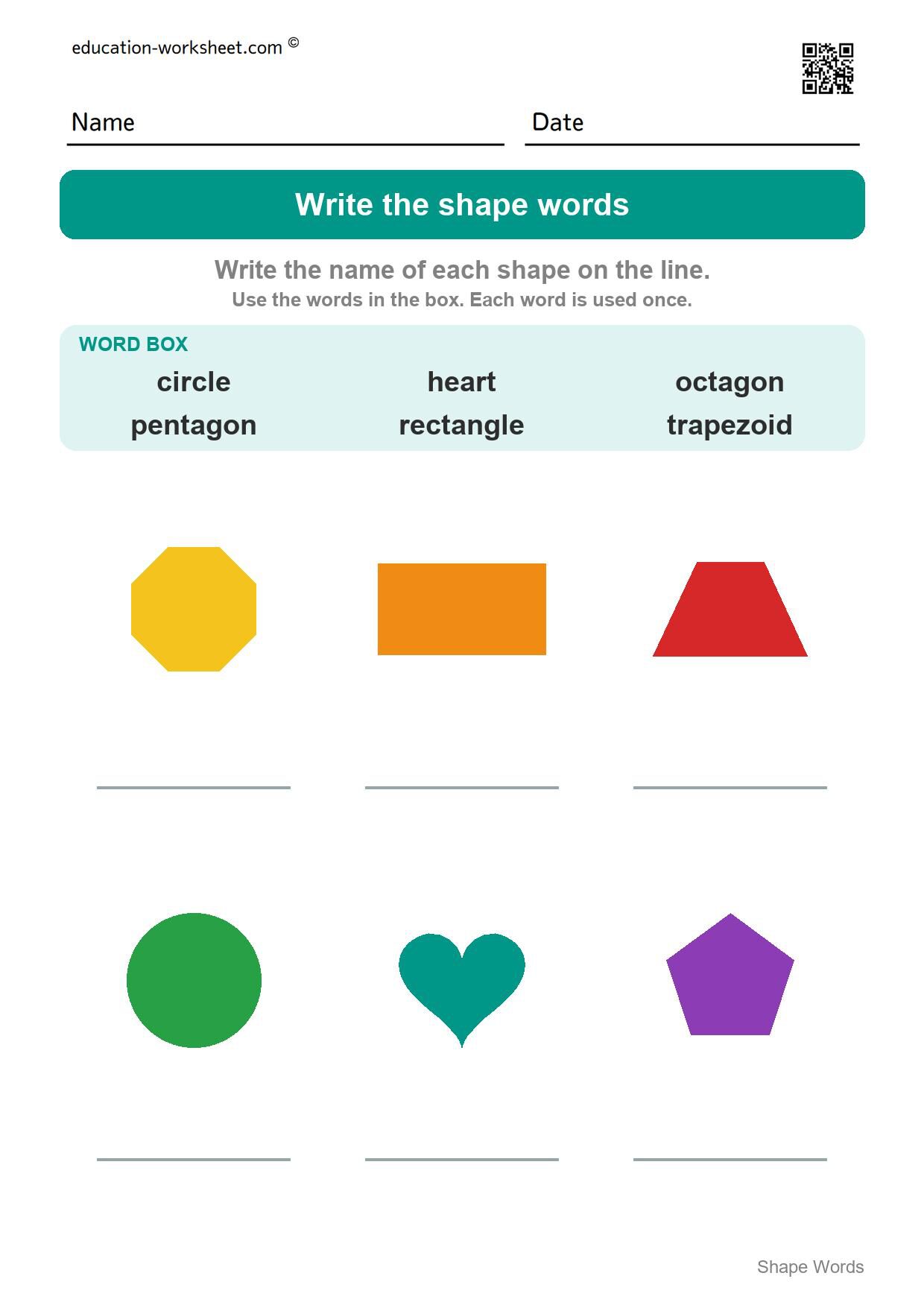 Write the shape words (Set 4) - Free Shape Words Worksheets for Kindergarten - Read and Write Shape Names