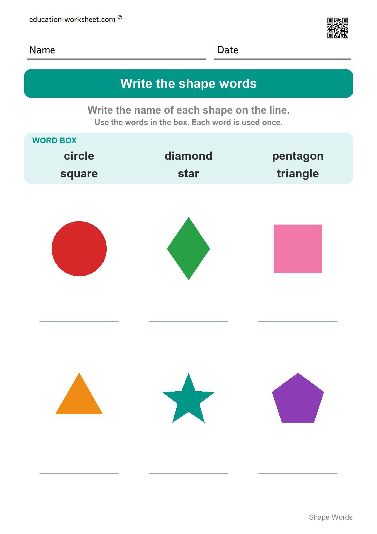 Write the shape words (Set 5) - Free Shape Words Worksheets for Kindergarten - Read and Write Shape Names