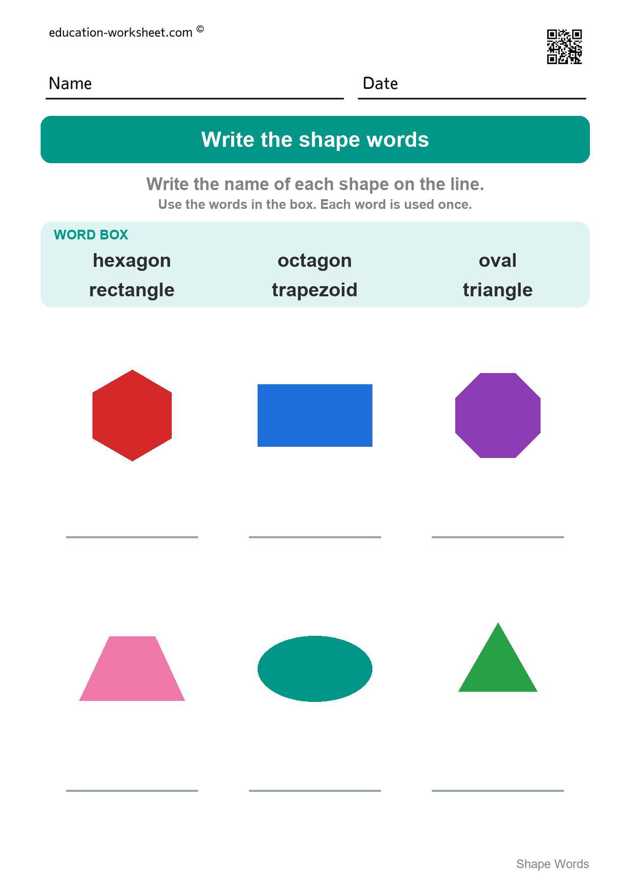 Write the shape words (Set 6) - Free Shape Words Worksheets for Kindergarten - Read and Write Shape Names