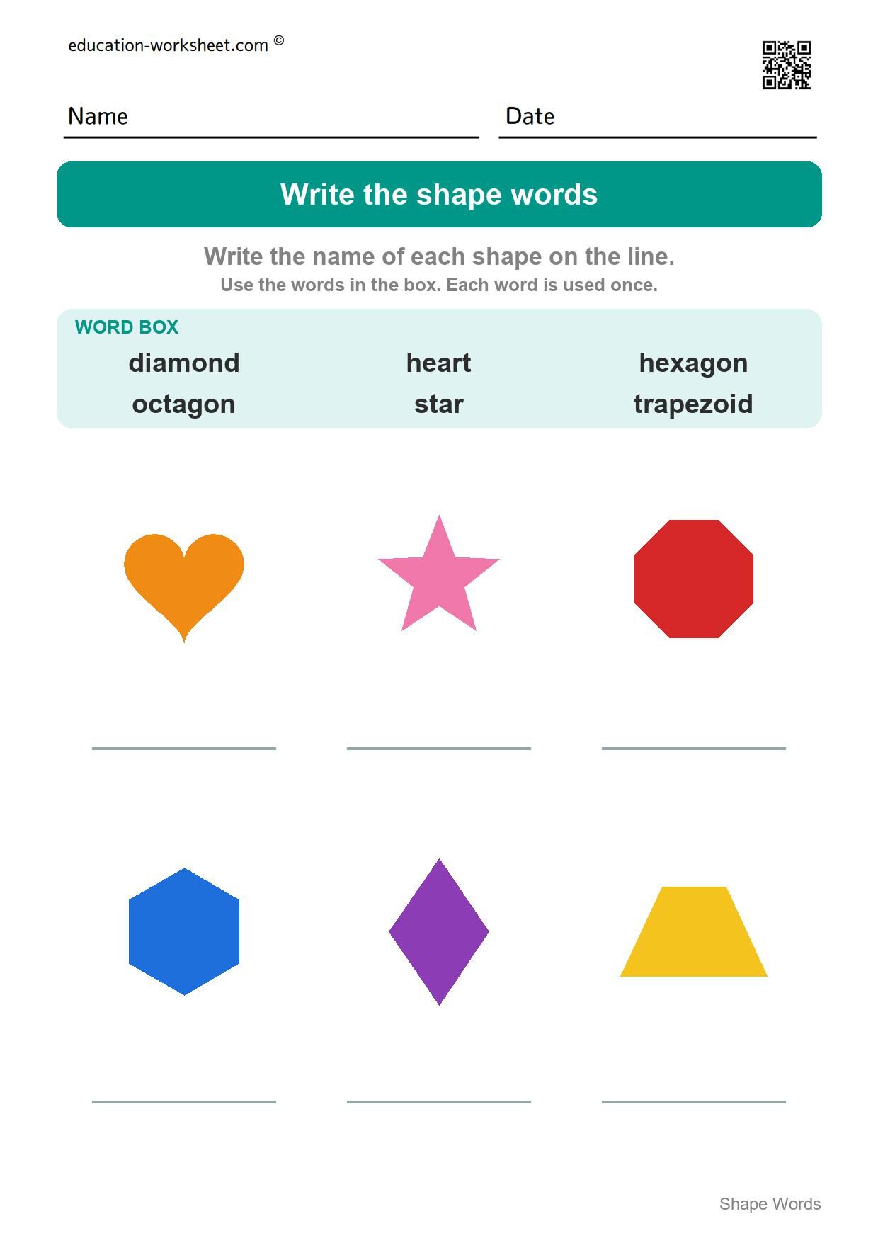 Write the shape words (Set 7) - Free Shape Words Worksheets for Kindergarten - Read and Write Shape Names