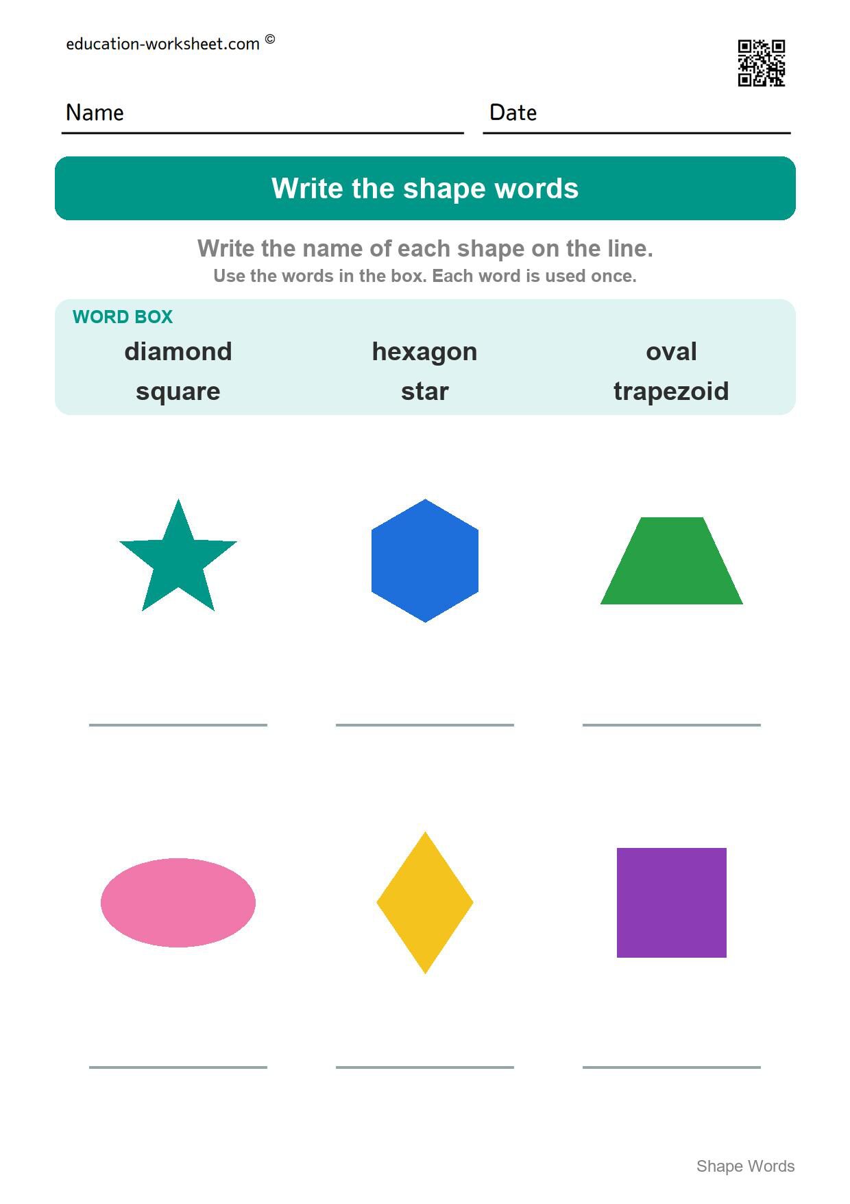 Write the shape words (Set 8) - Free Shape Words Worksheets for Kindergarten - Read and Write Shape Names