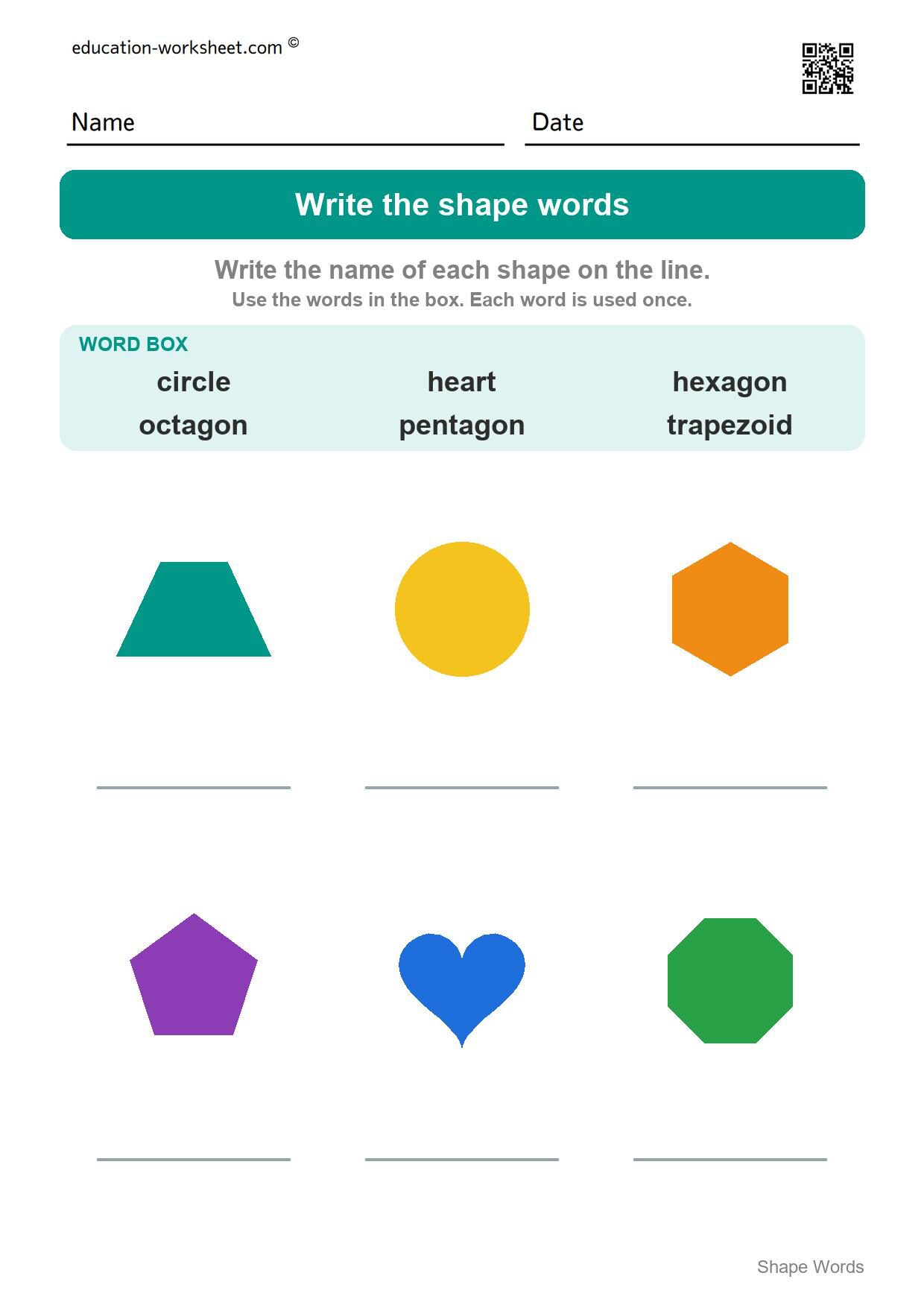 Write the shape words (Set 9) - Free Shape Words Worksheets for Kindergarten - Read and Write Shape Names