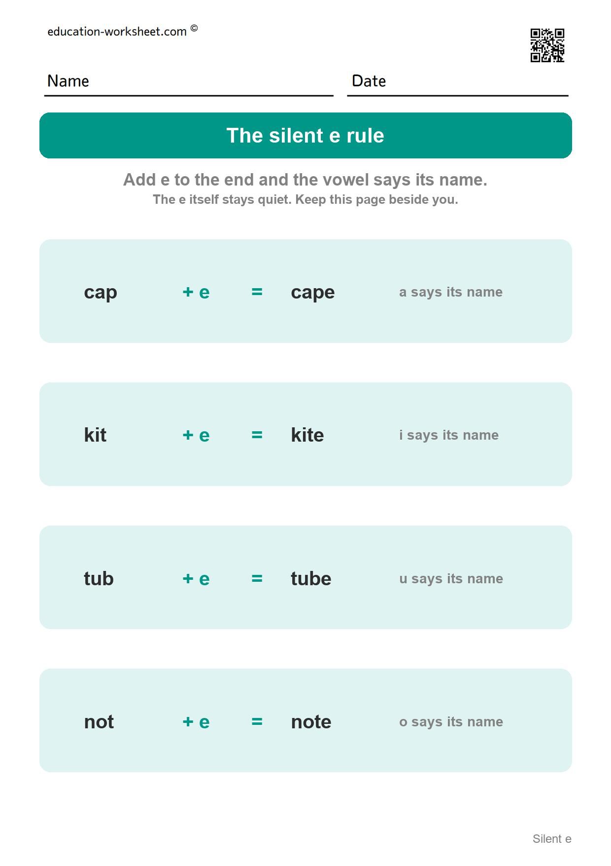 Silent e chart - how the rule works - Free Silent e Worksheets for Kindergarten - Magic e Long Vowels