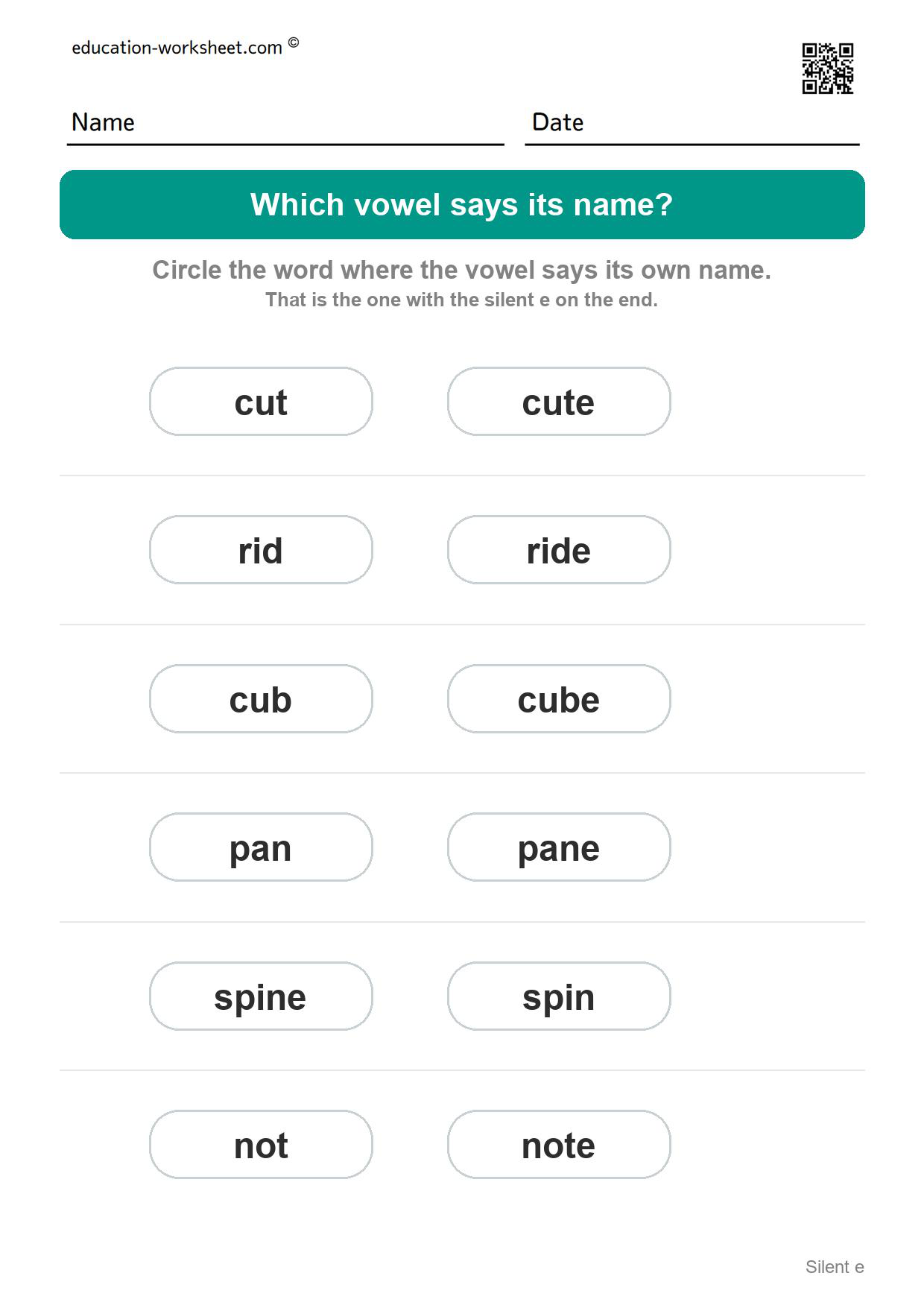 Which vowel says its name? (Set 9) - Free Silent e Worksheets for Kindergarten - Magic e Long Vowels