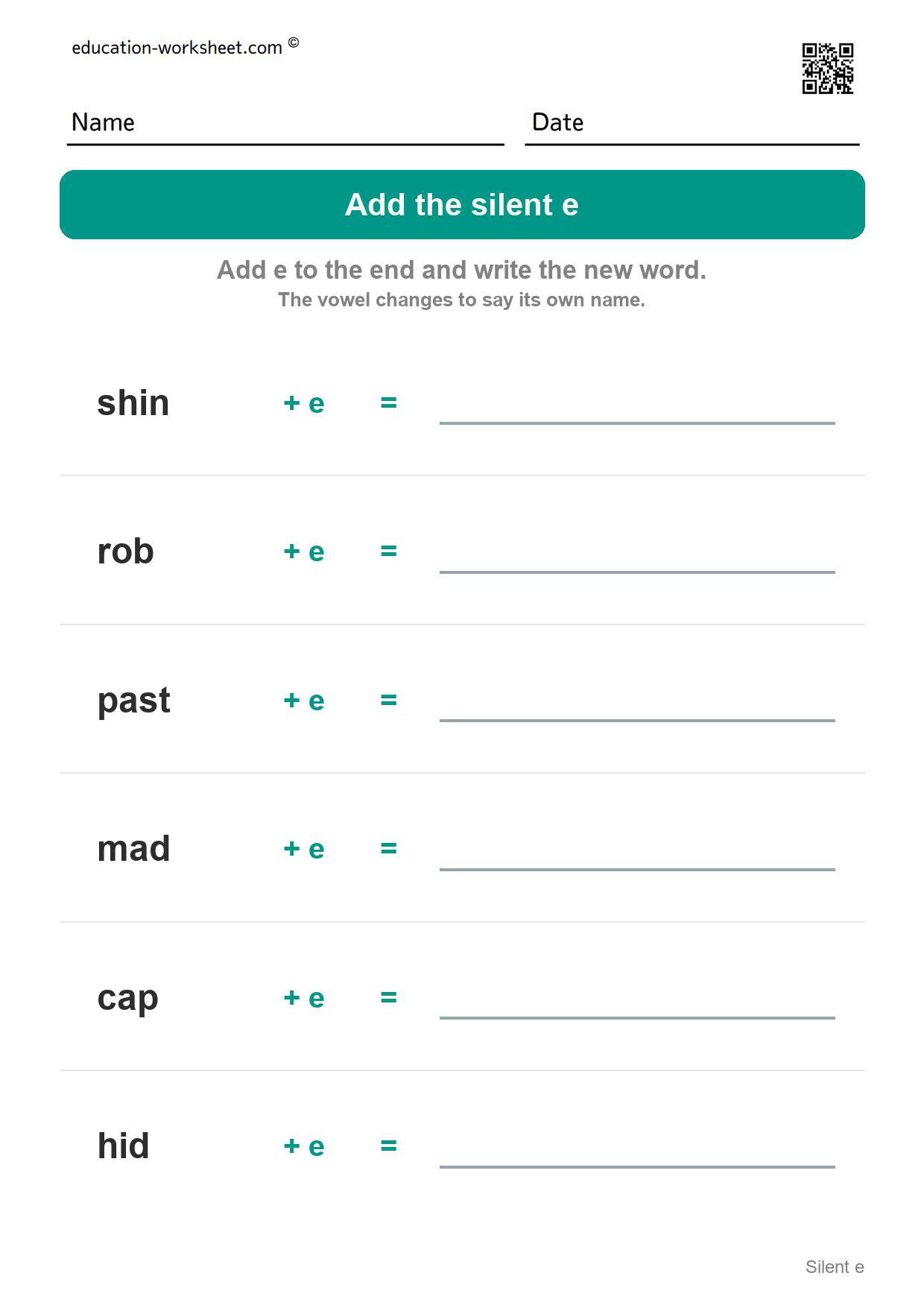 Add the silent e (Set 10) - Free Silent e Worksheets for Kindergarten - Magic e Long Vowels