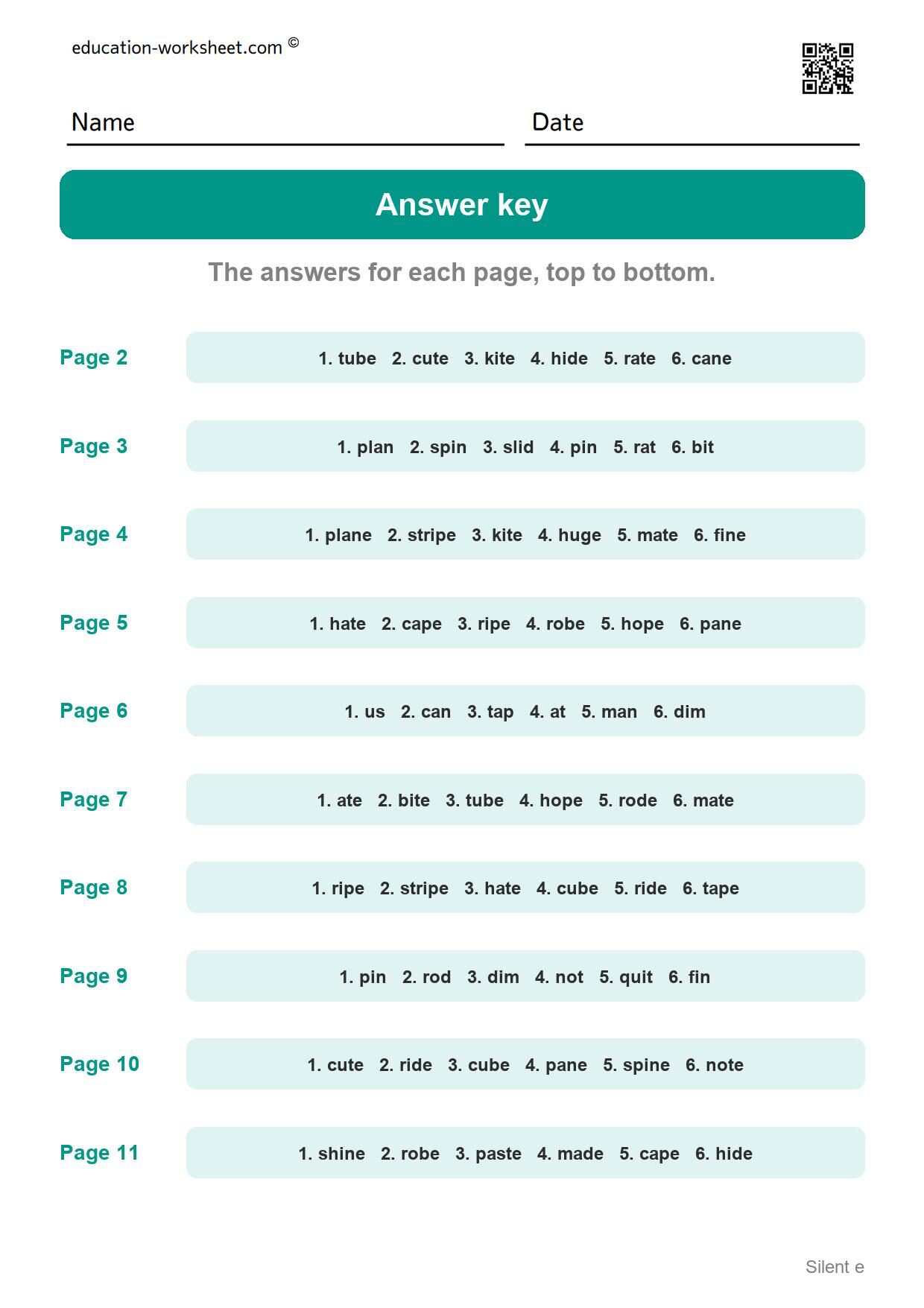 Answer key - all 10 pages - Free Silent e Worksheets for Kindergarten - Magic e Long Vowels