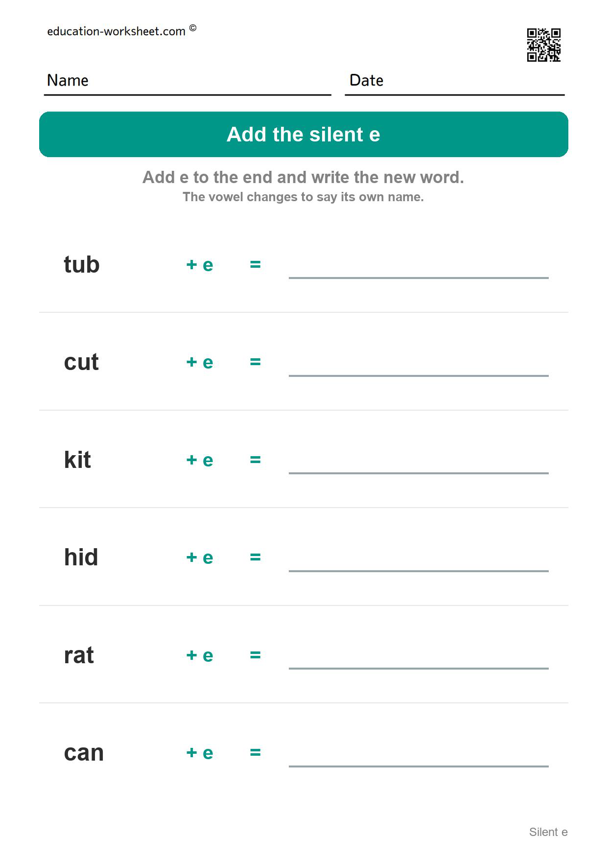 Add the silent e (Set 1) - Free Silent e Worksheets for Kindergarten - Magic e Long Vowels