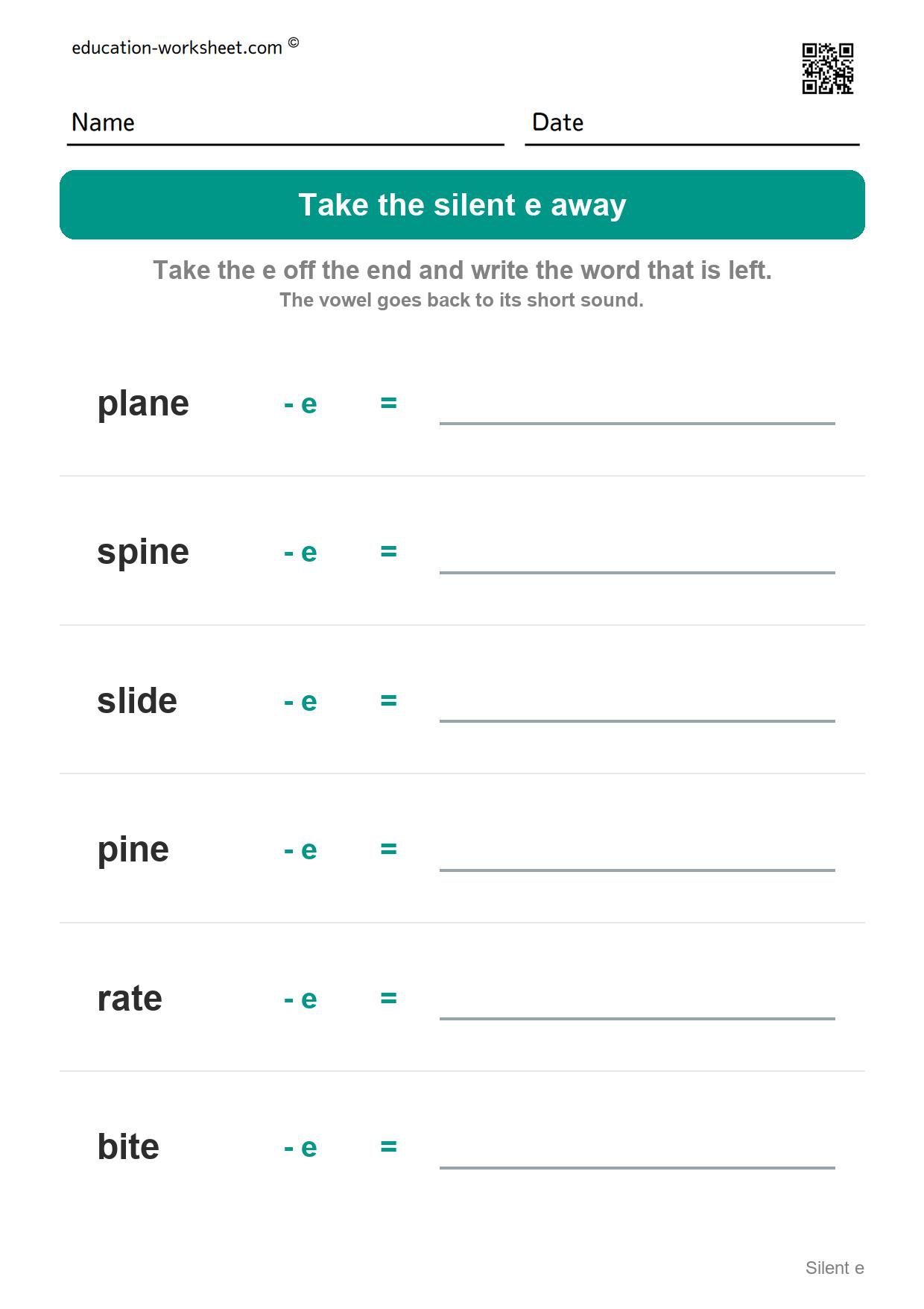 Take the silent e away (Set 2) - Free Silent e Worksheets for Kindergarten - Magic e Long Vowels