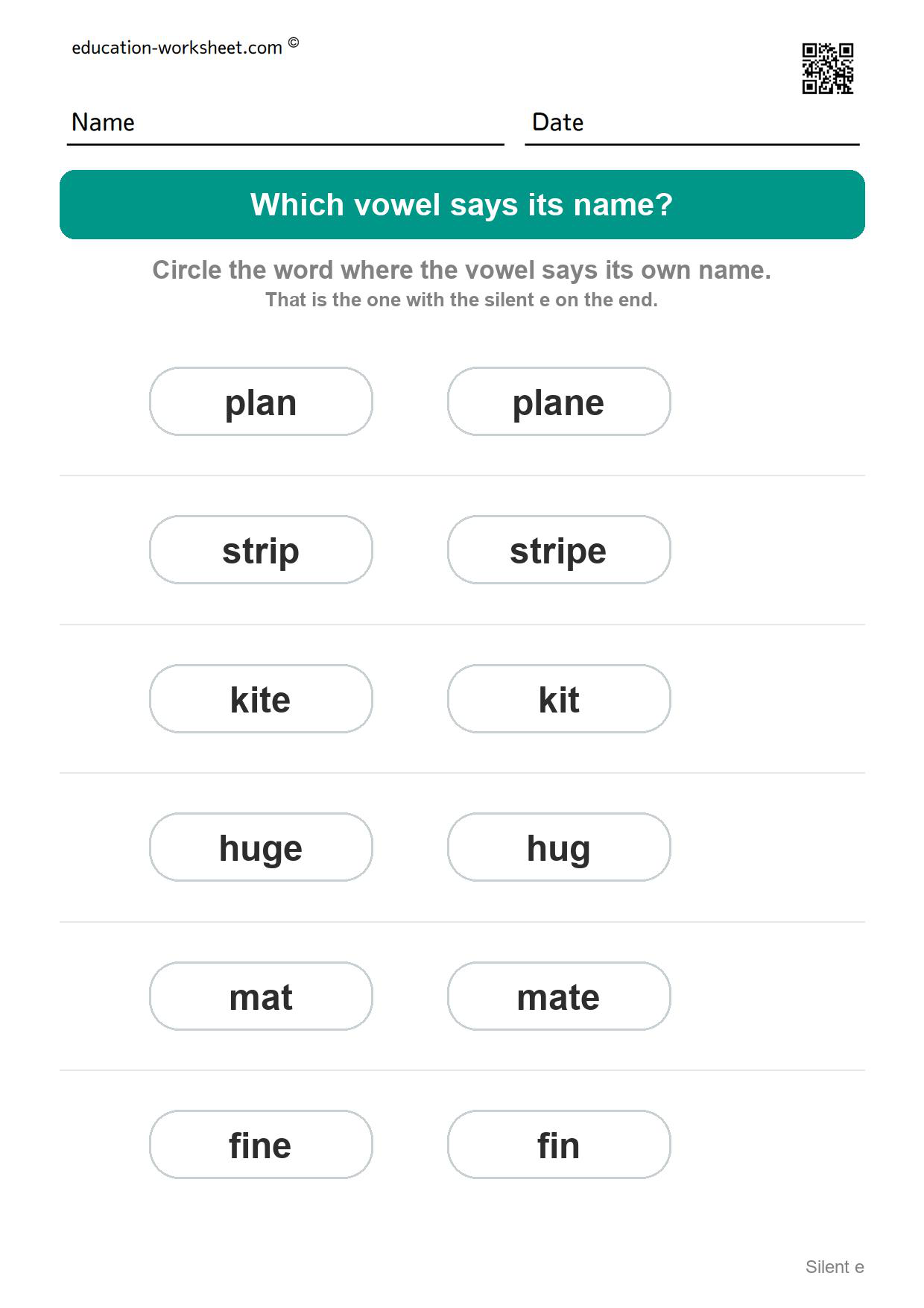 Which vowel says its name? (Set 3) - Free Silent e Worksheets for Kindergarten - Magic e Long Vowels
