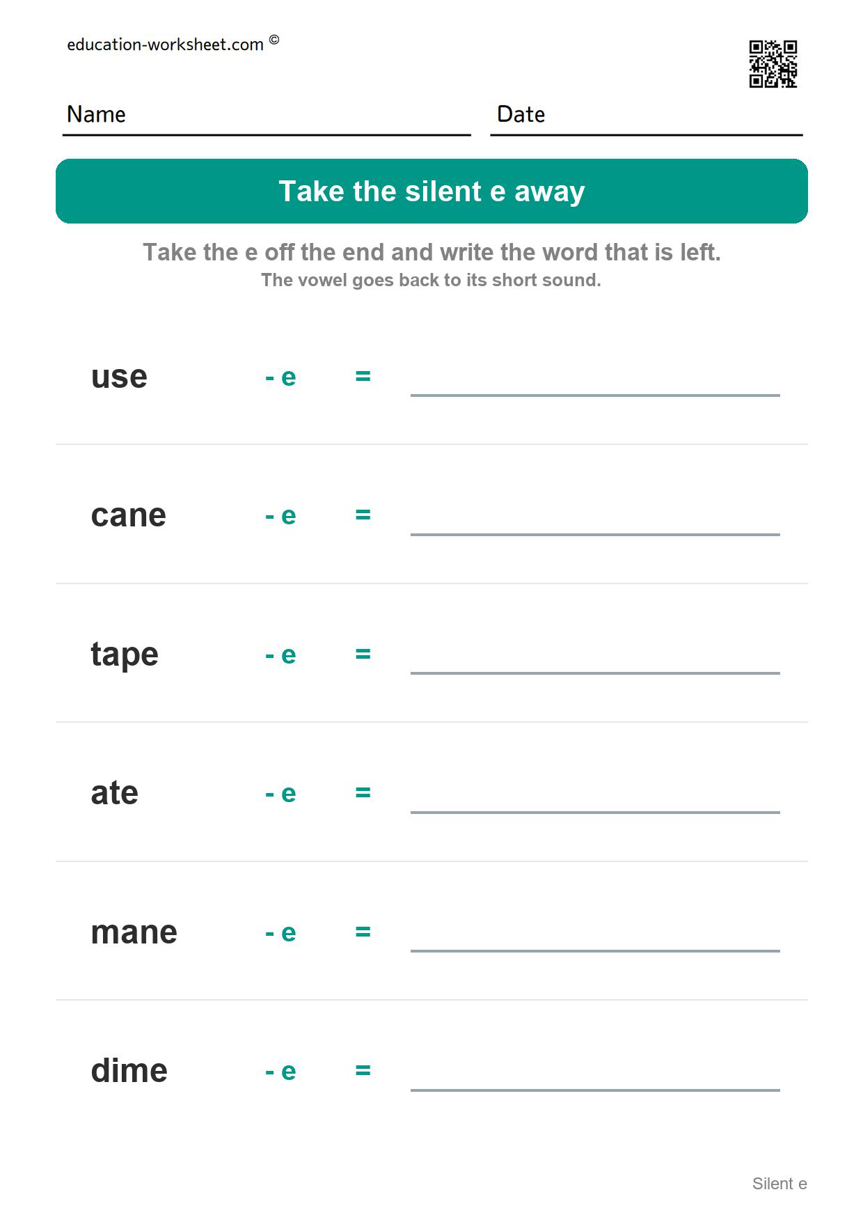 Take the silent e away (Set 5) - Free Silent e Worksheets for Kindergarten - Magic e Long Vowels