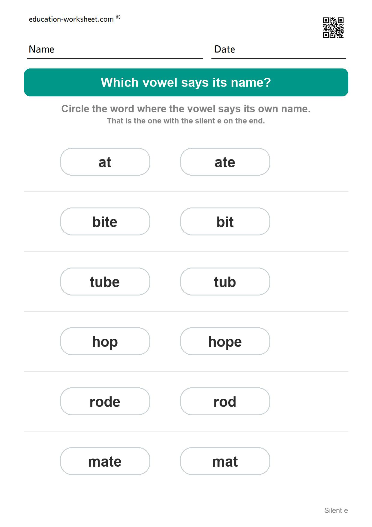 Which vowel says its name? (Set 6) - Free Silent e Worksheets for Kindergarten - Magic e Long Vowels