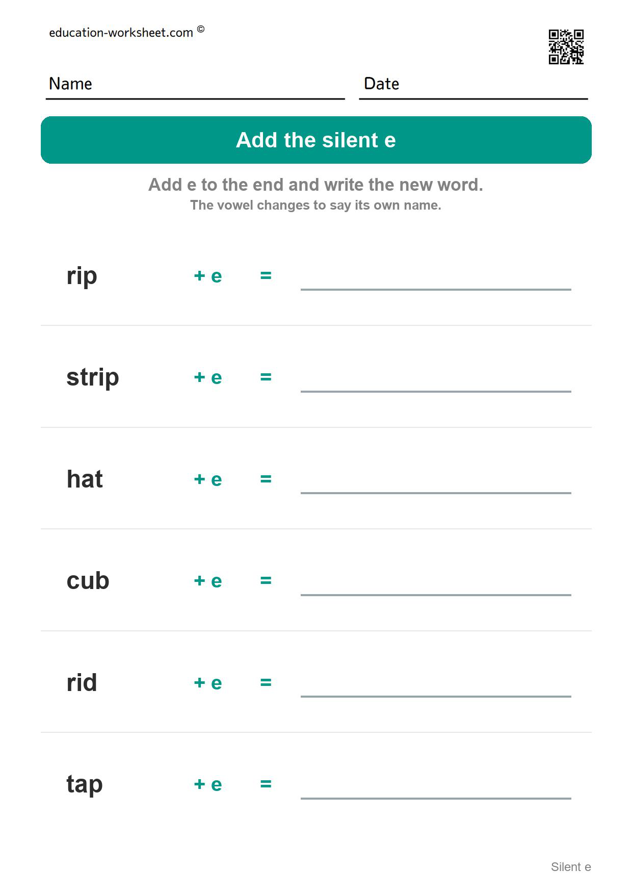 Add the silent e (Set 7) - Free Silent e Worksheets for Kindergarten - Magic e Long Vowels