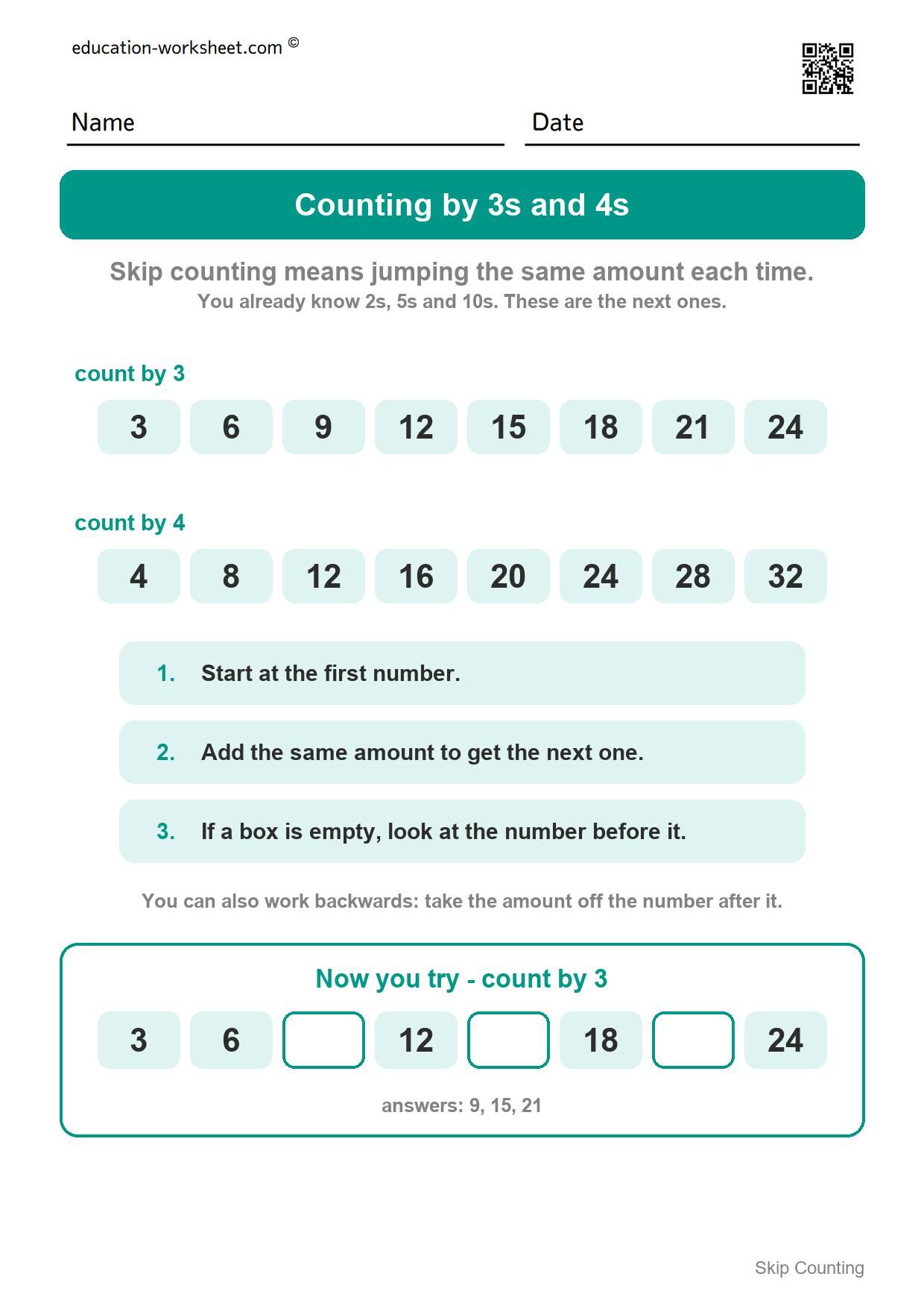 How skip counting by 3s and 4s works - Free Skip Counting by 3s and 4s Worksheets for Kindergarten
