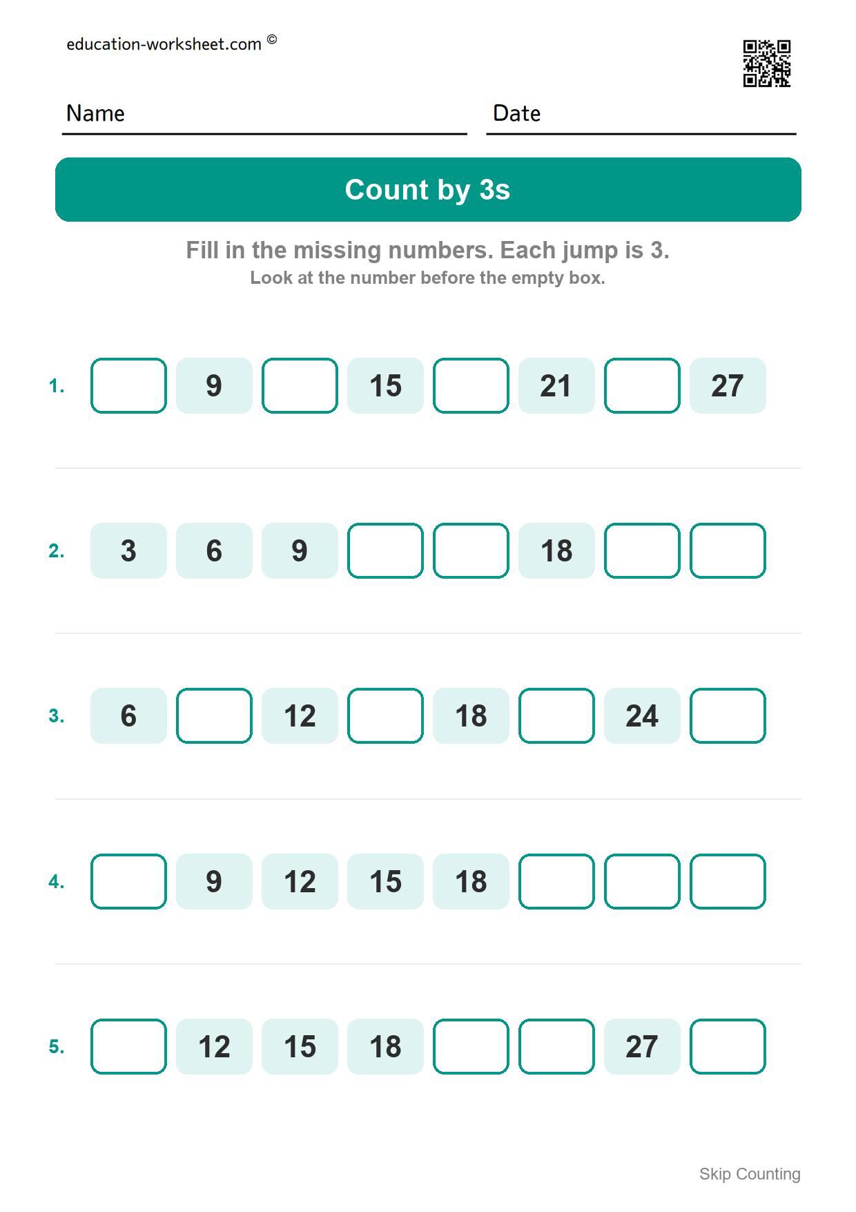 Count by 3s (Set 9) - Free Skip Counting by 3s and 4s Worksheets for Kindergarten