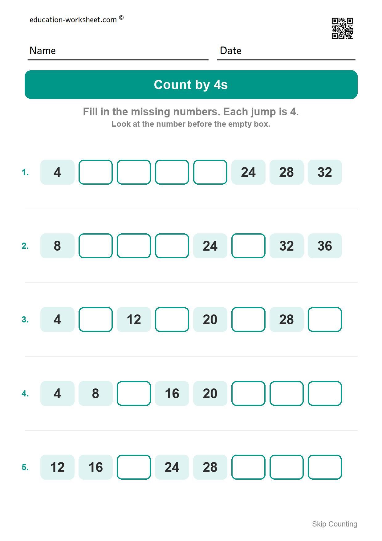 Count by 4s (Set 10) - Free Skip Counting by 3s and 4s Worksheets for Kindergarten