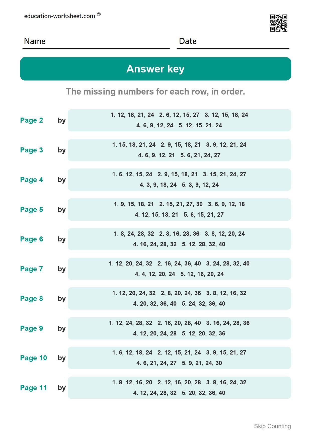 Answer key - all 10 pages - Free Skip Counting by 3s and 4s Worksheets for Kindergarten