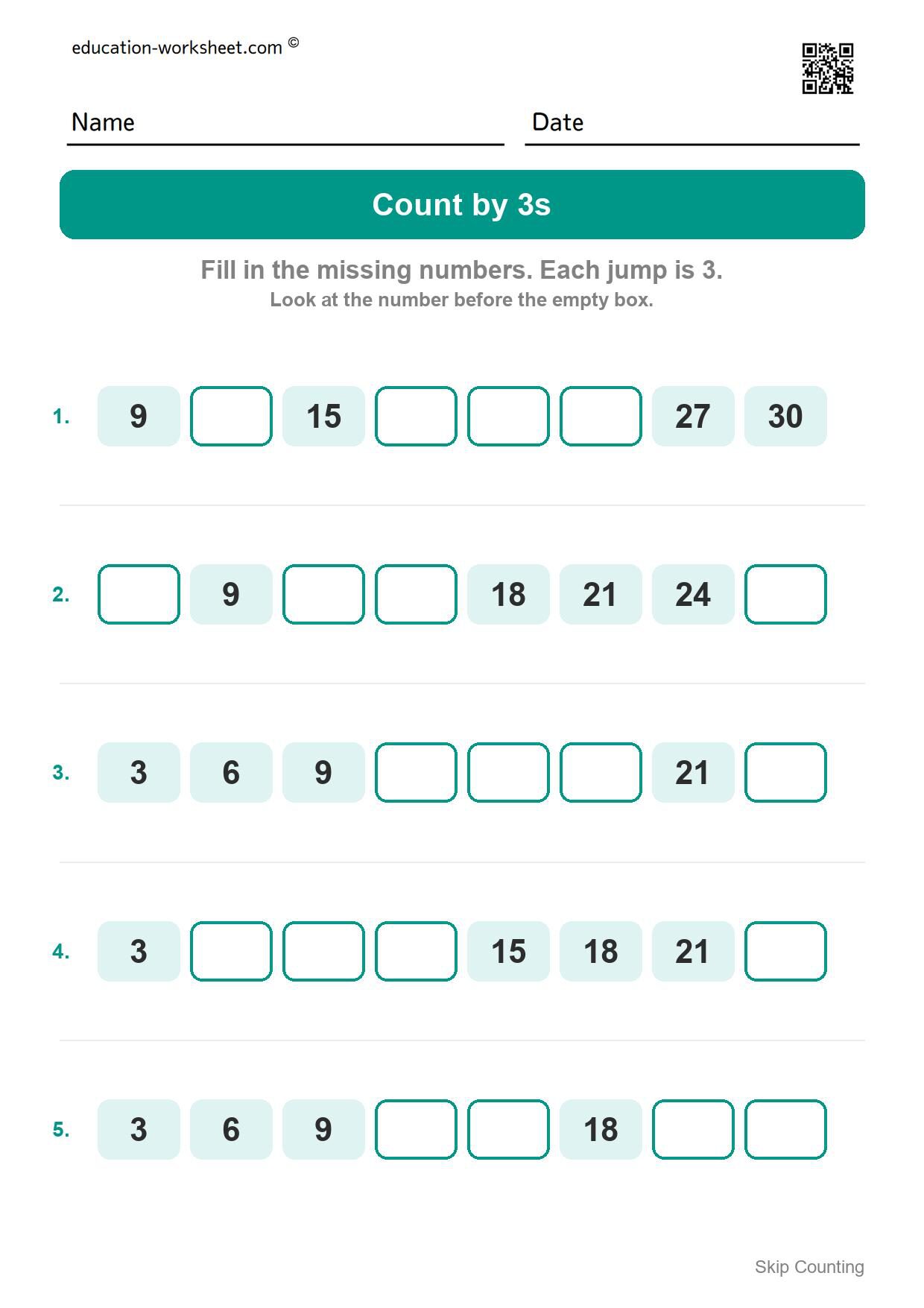 Count by 3s (Set 1) - Free Skip Counting by 3s and 4s Worksheets for Kindergarten