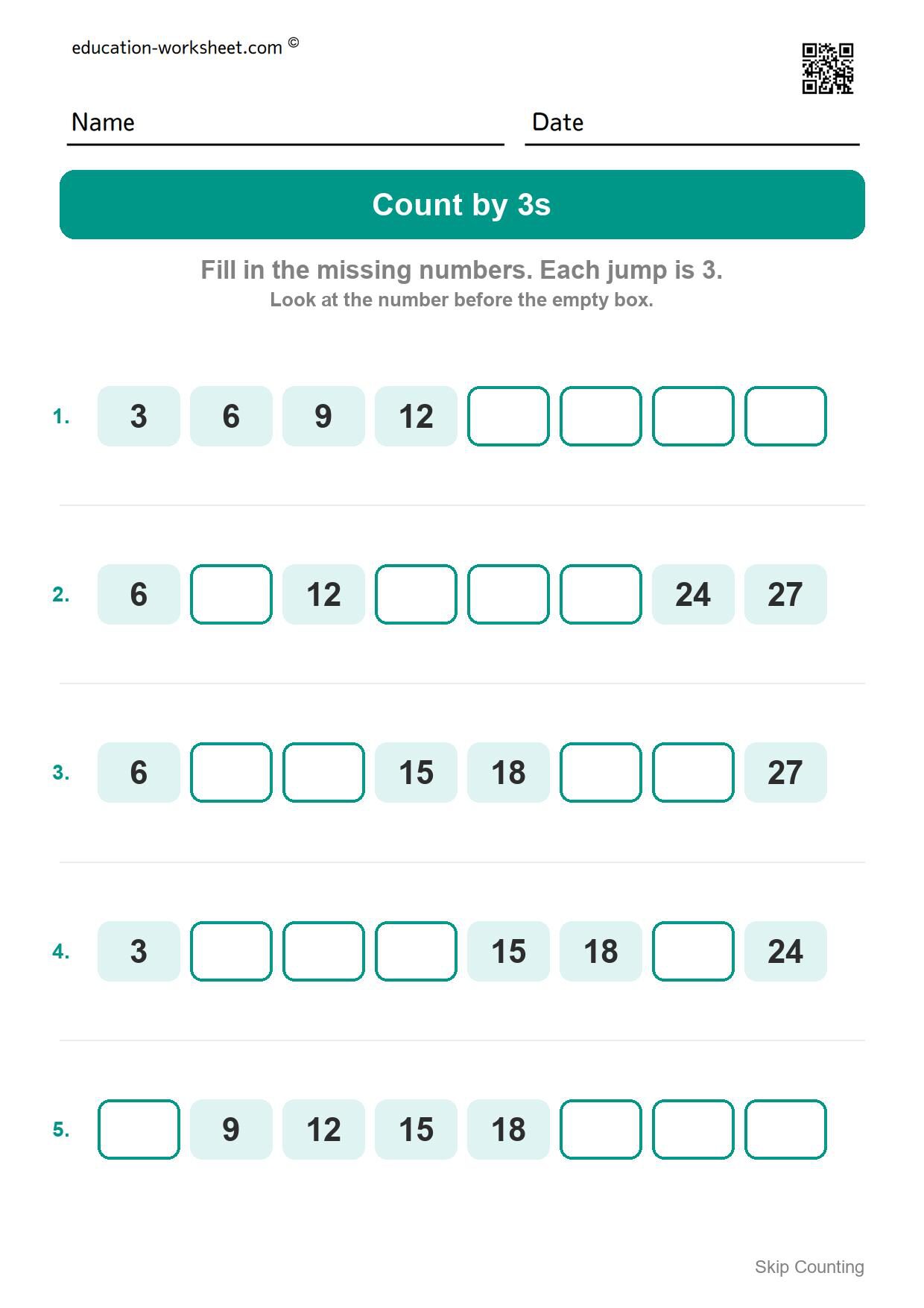 Count by 3s (Set 2) - Free Skip Counting by 3s and 4s Worksheets for Kindergarten
