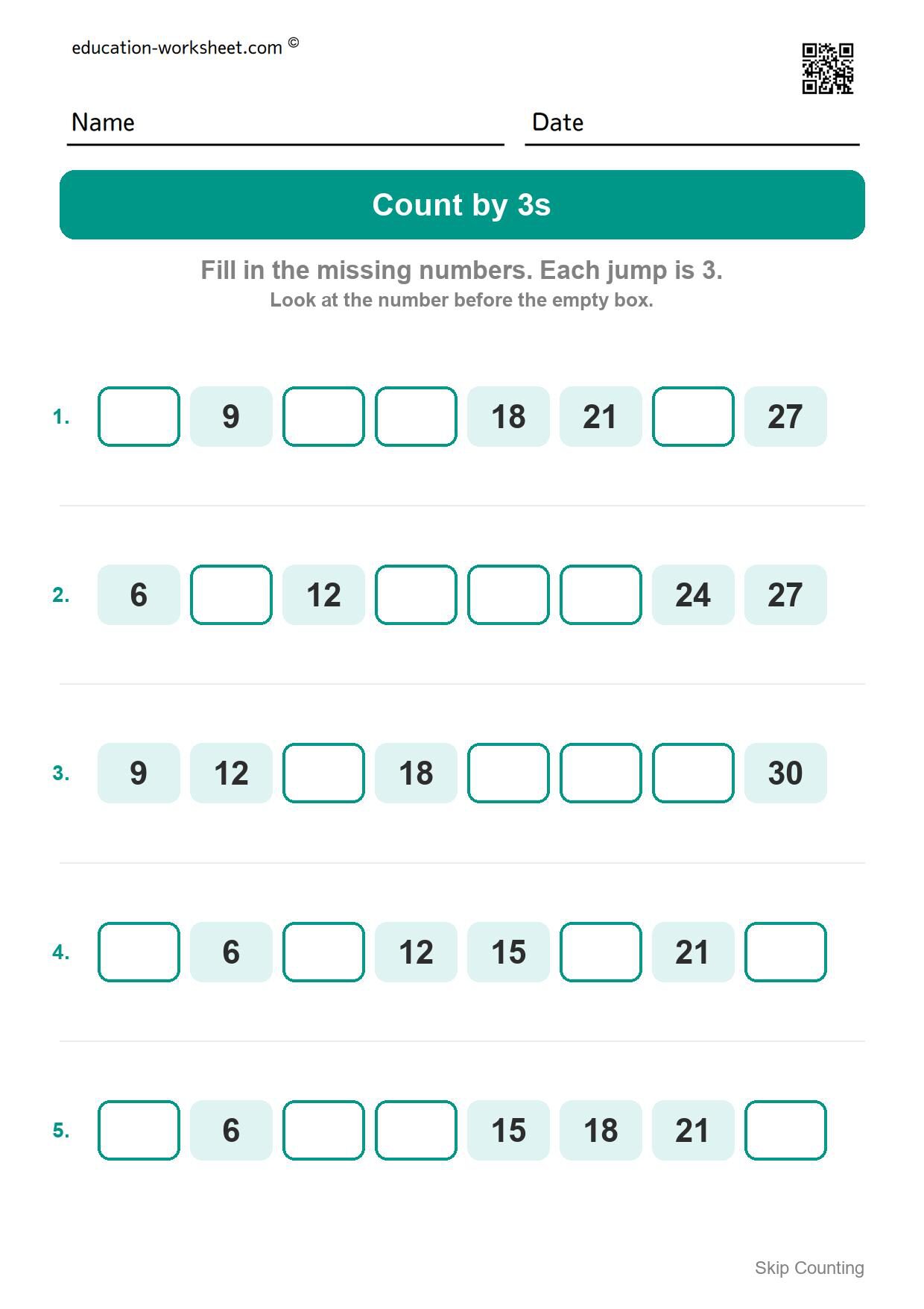 Count by 3s (Set 3) - Free Skip Counting by 3s and 4s Worksheets for Kindergarten