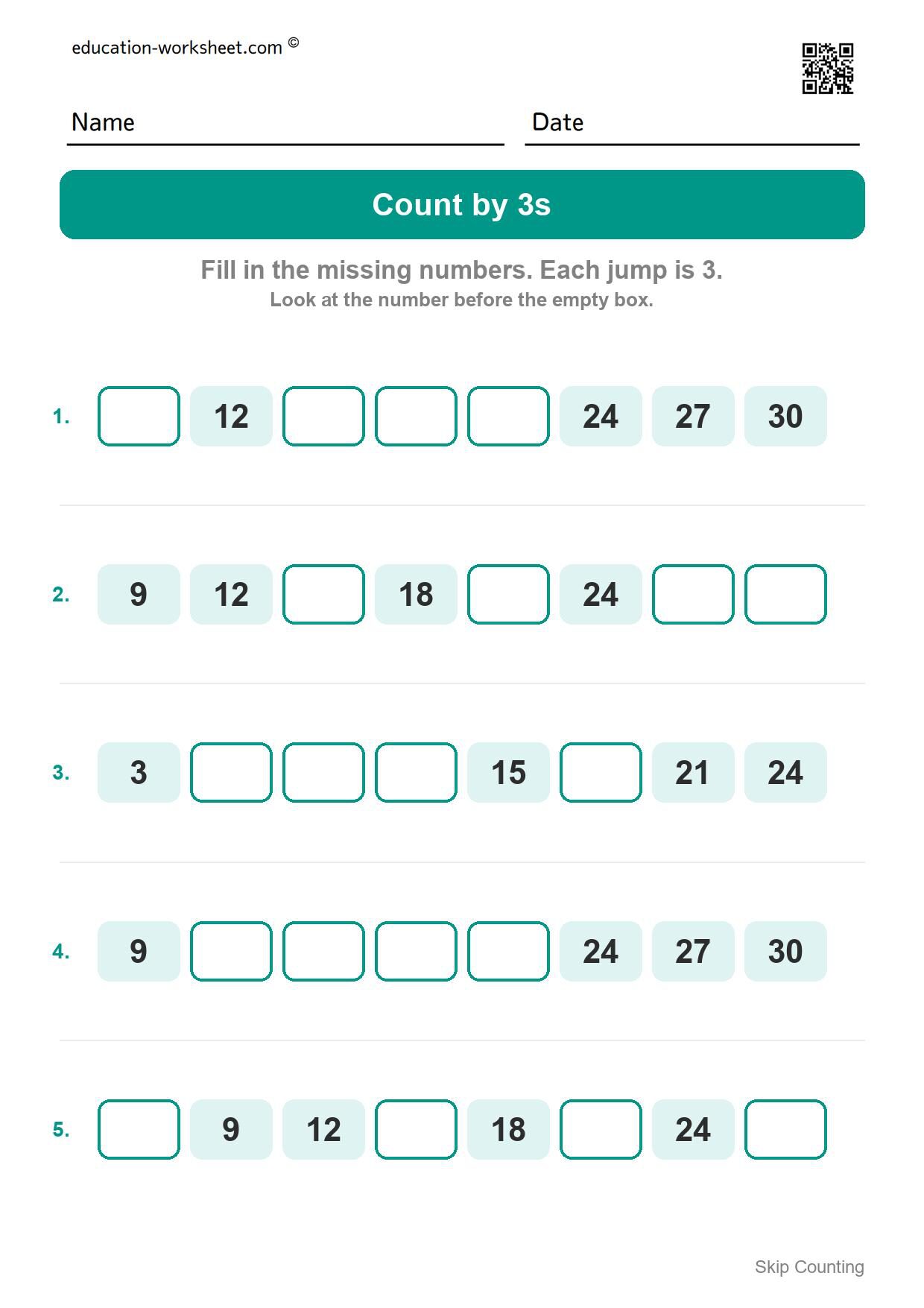 Count by 3s (Set 4) - Free Skip Counting by 3s and 4s Worksheets for Kindergarten