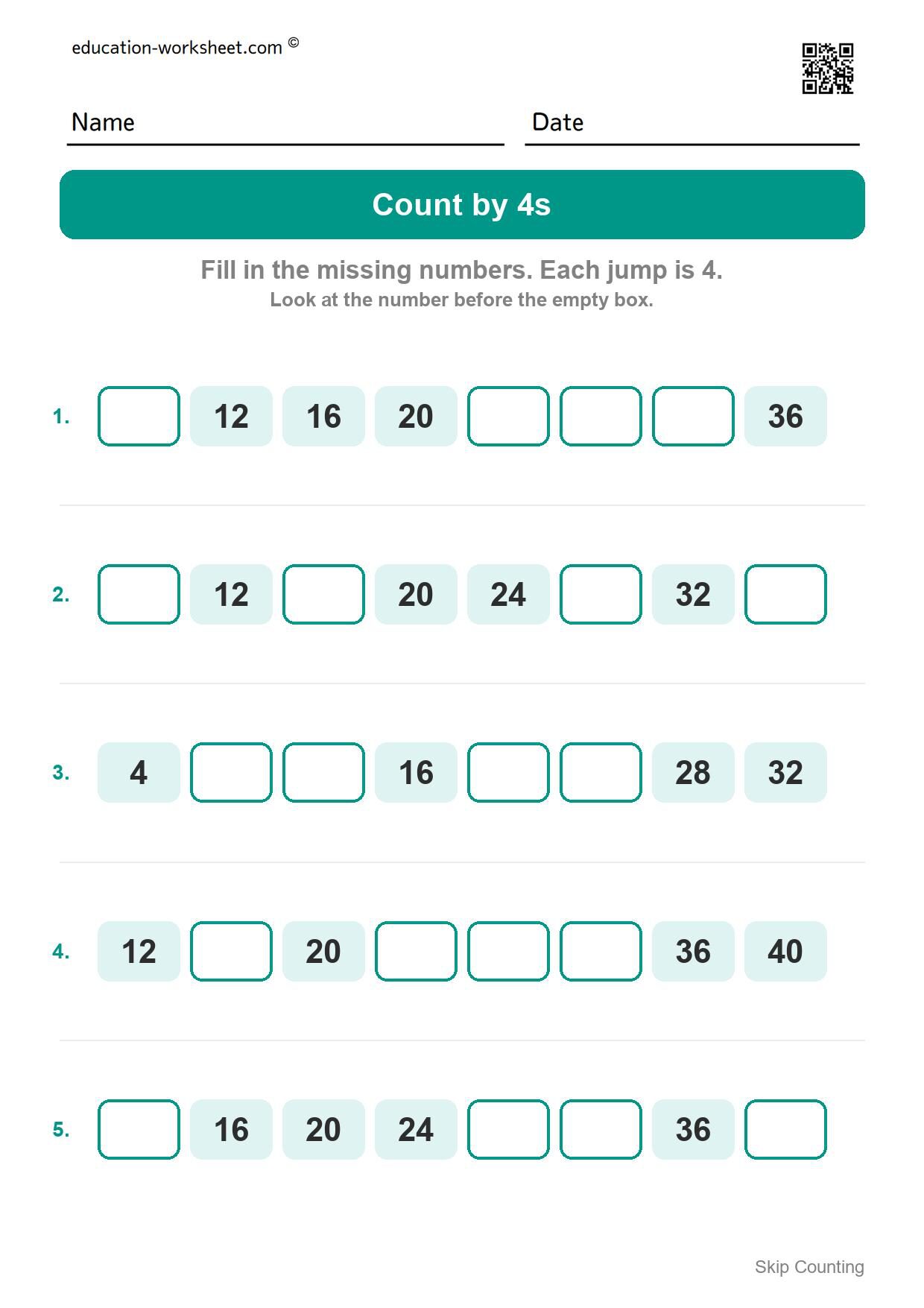 Count by 4s (Set 5) - Free Skip Counting by 3s and 4s Worksheets for Kindergarten