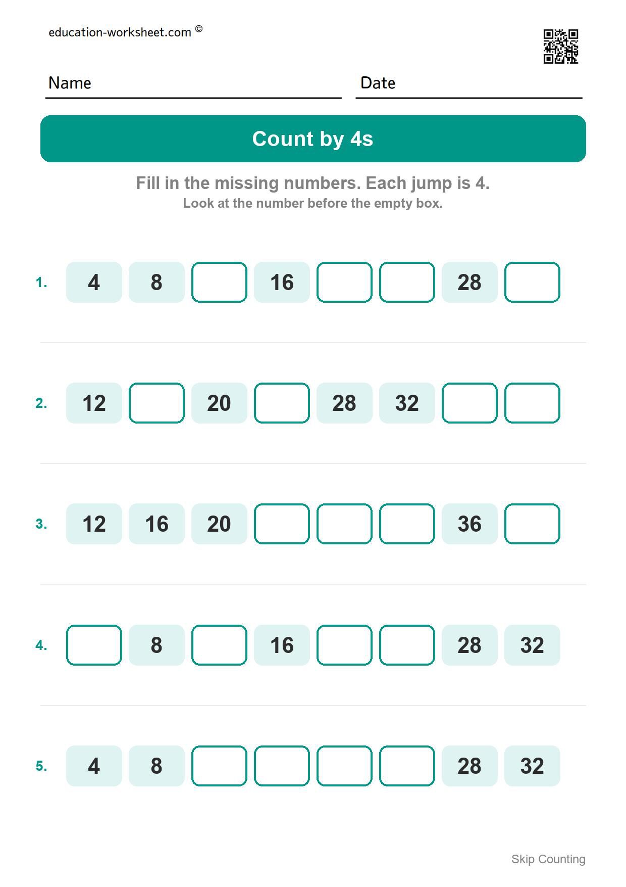 Count by 4s (Set 6) - Free Skip Counting by 3s and 4s Worksheets for Kindergarten