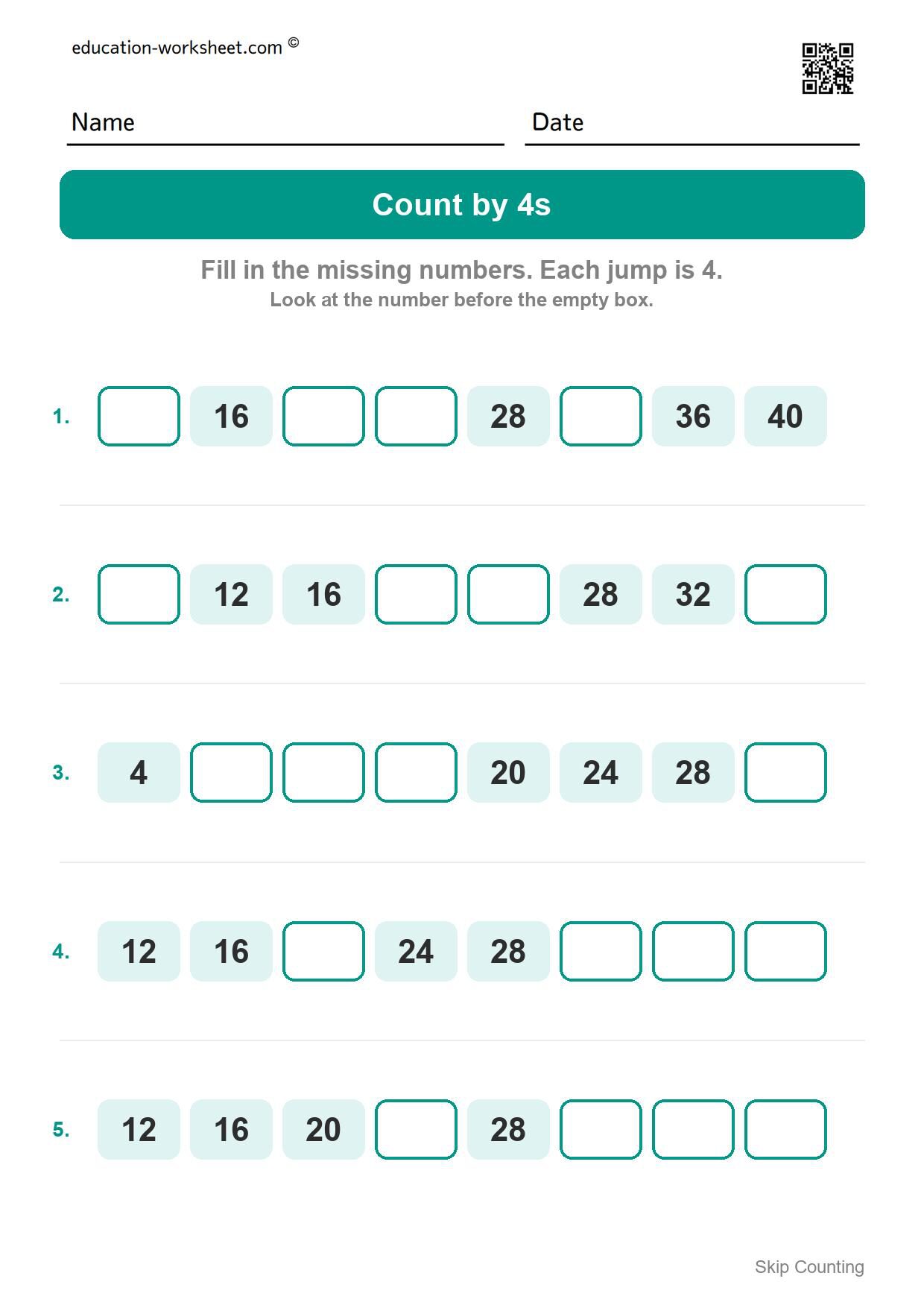 Count by 4s (Set 7) - Free Skip Counting by 3s and 4s Worksheets for Kindergarten