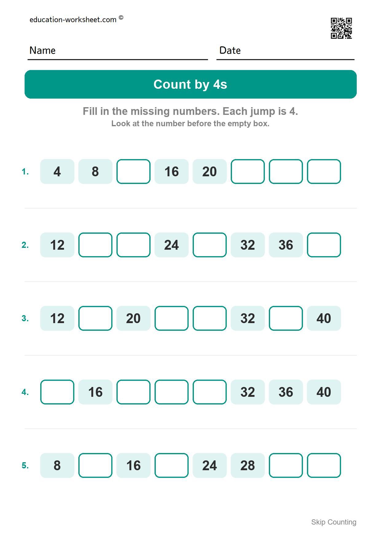Count by 4s (Set 8) - Free Skip Counting by 3s and 4s Worksheets for Kindergarten