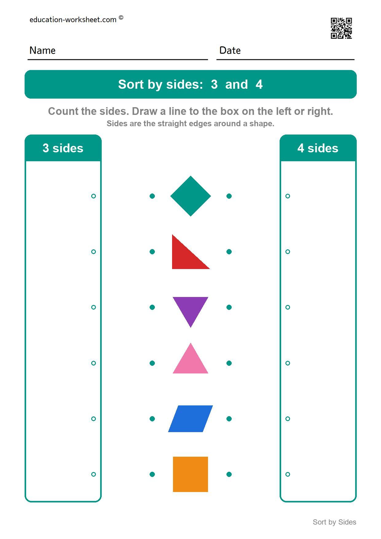 Sort shapes by sides: 3 and 4 - Free Sort Shapes by Sides Worksheets for Kindergarten - Count and Classify
