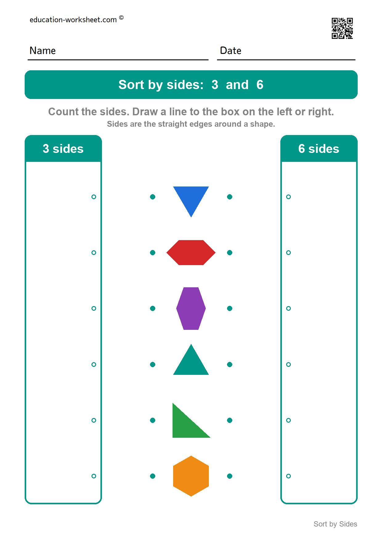 Sort shapes by sides: 3 and 6 - Free Sort Shapes by Sides Worksheets for Kindergarten - Count and Classify
