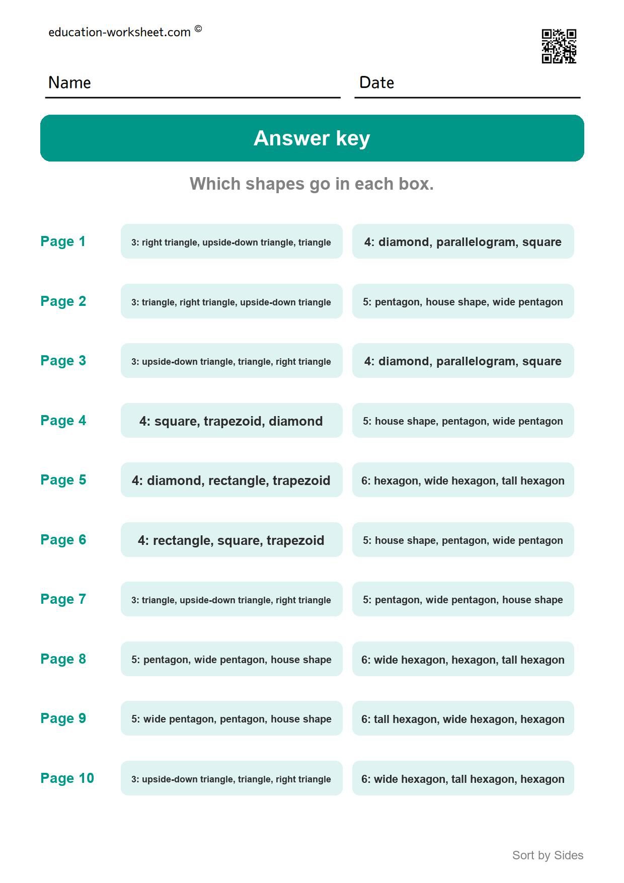 Answer key - all 10 pages - Free Sort Shapes by Sides Worksheets for Kindergarten - Count and Classify