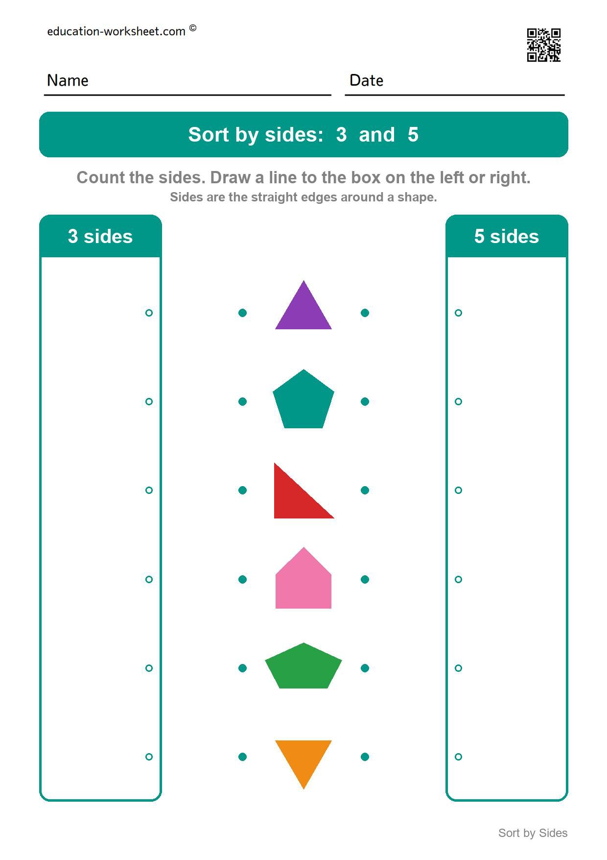 Sort shapes by sides: 3 and 5 - Free Sort Shapes by Sides Worksheets for Kindergarten - Count and Classify