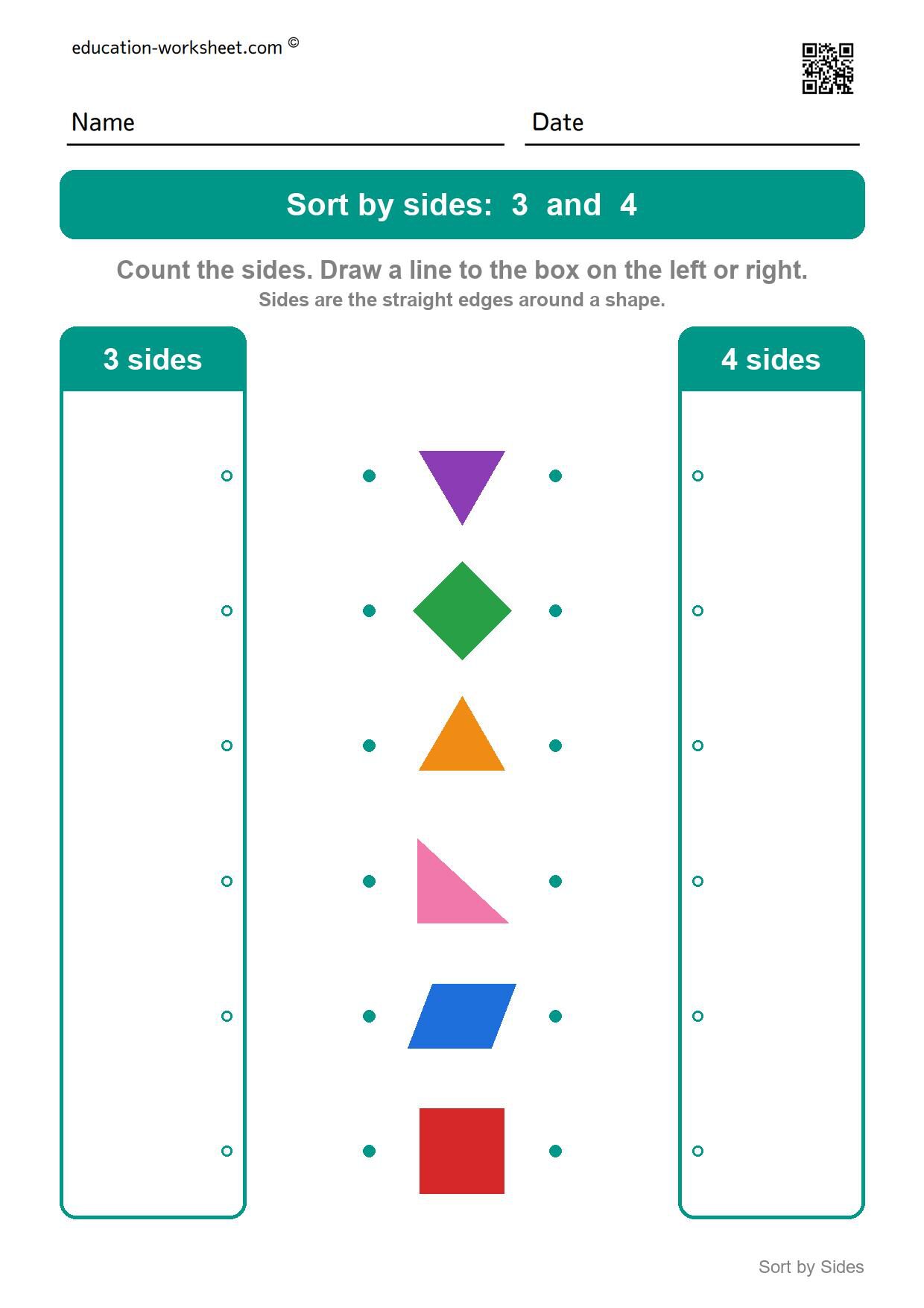 Sort shapes by sides: 3 and 4 - Free Sort Shapes by Sides Worksheets for Kindergarten - Count and Classify