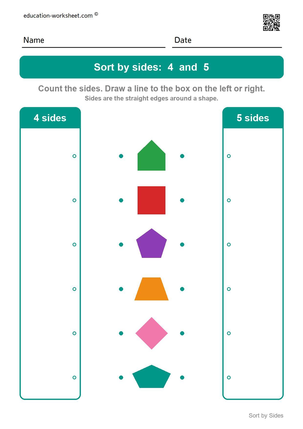 Sort shapes by sides: 4 and 5 - Free Sort Shapes by Sides Worksheets for Kindergarten - Count and Classify